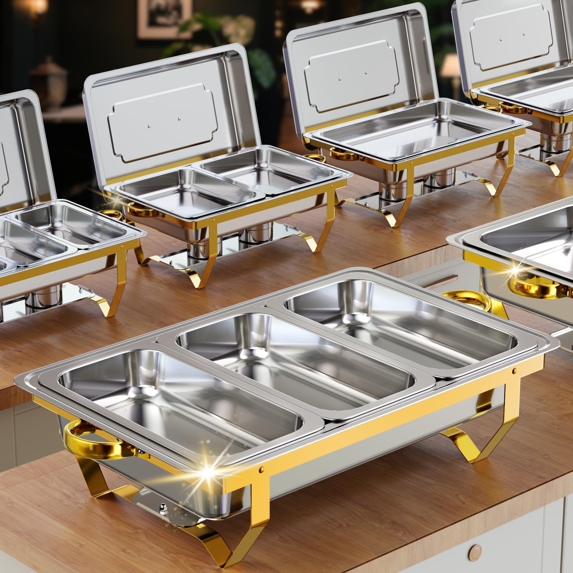 Chafing Dish Buffet Set 6 Pack, 9.5 QT [Multiple Food Pans] Chafing Dishes for Buffet, Stainless Steel Chafers and Buffet Warmers Sets for Catering Parties Wedding with Gold and Silver