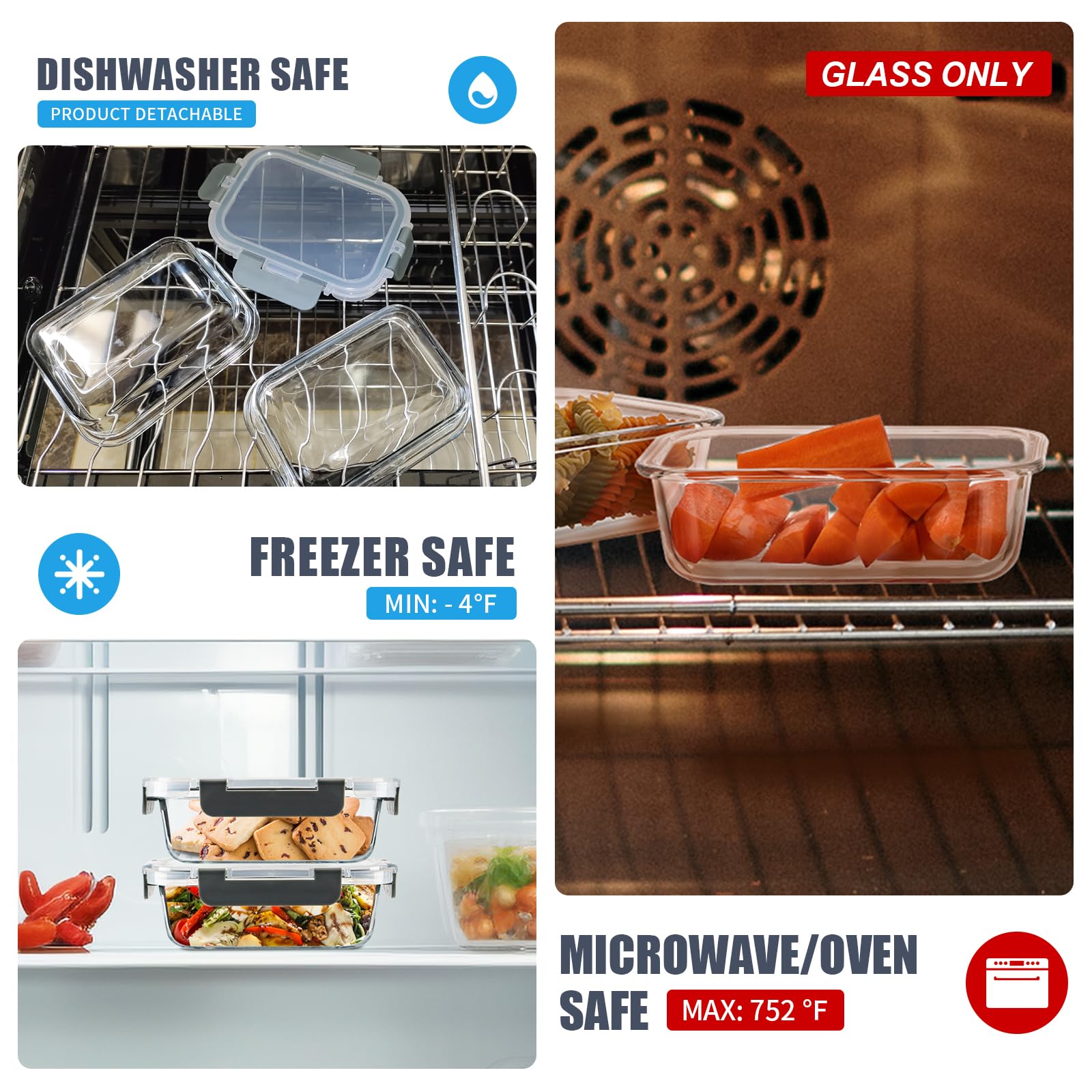 6 x 625 ml Glasbehälter für Mahlzeiten, Lebensmittelbehälter-Sets mit auslaufsicheren Schnappdeckeln für Mikrowelle, Ofen, Gefrierschrank und Spülmaschine (Grau, 625 ml)