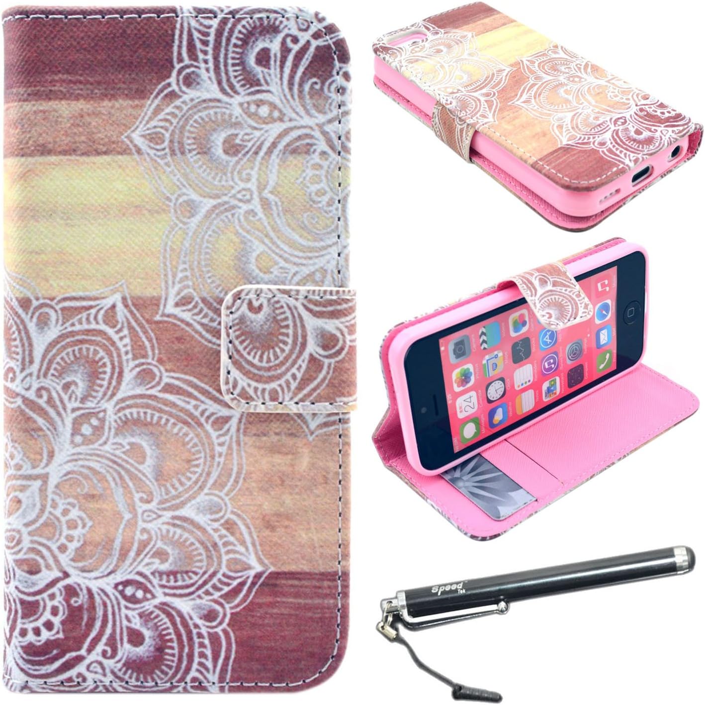 iPhone 5C Case, Speedtek Flower Pattern Premium PU Leather Wallet Flip Protective Skin Case with Magnetic Closure for Apple iPhone 5C (2013) (Built-in Credit Card/ID Card Slot)