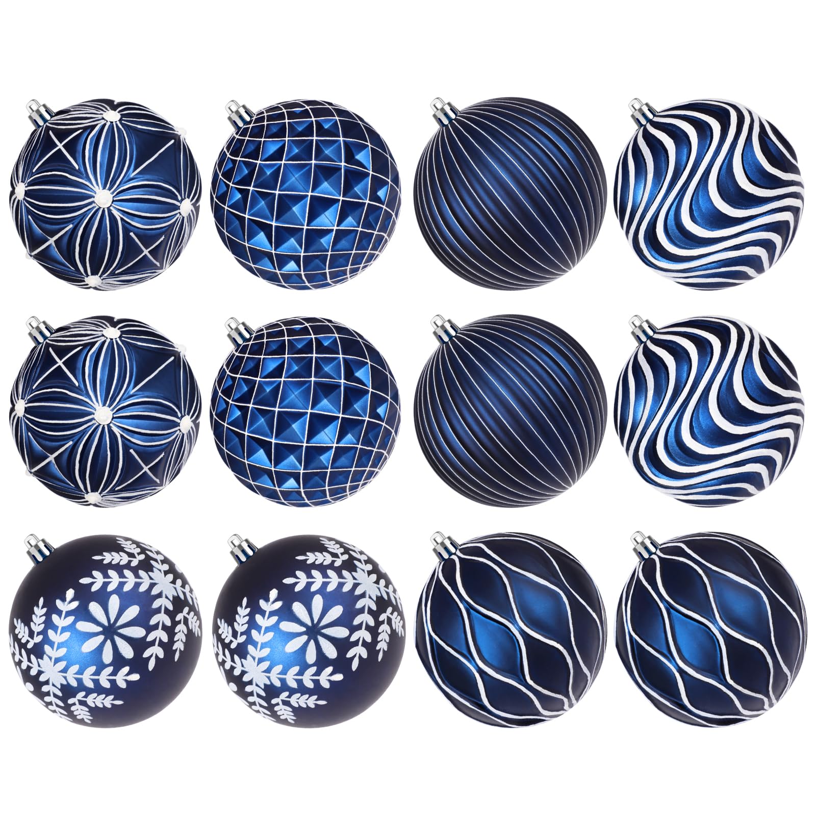 Lanpn 12 Pcs 10cm Large Christmas Ball Baubles, Outdoor Xmas Tree Balls Ornament, Shatterproof Christmas Bauble Decorations Set for Home Winter Holiday, Assorted Relief Pattern, Blue & White