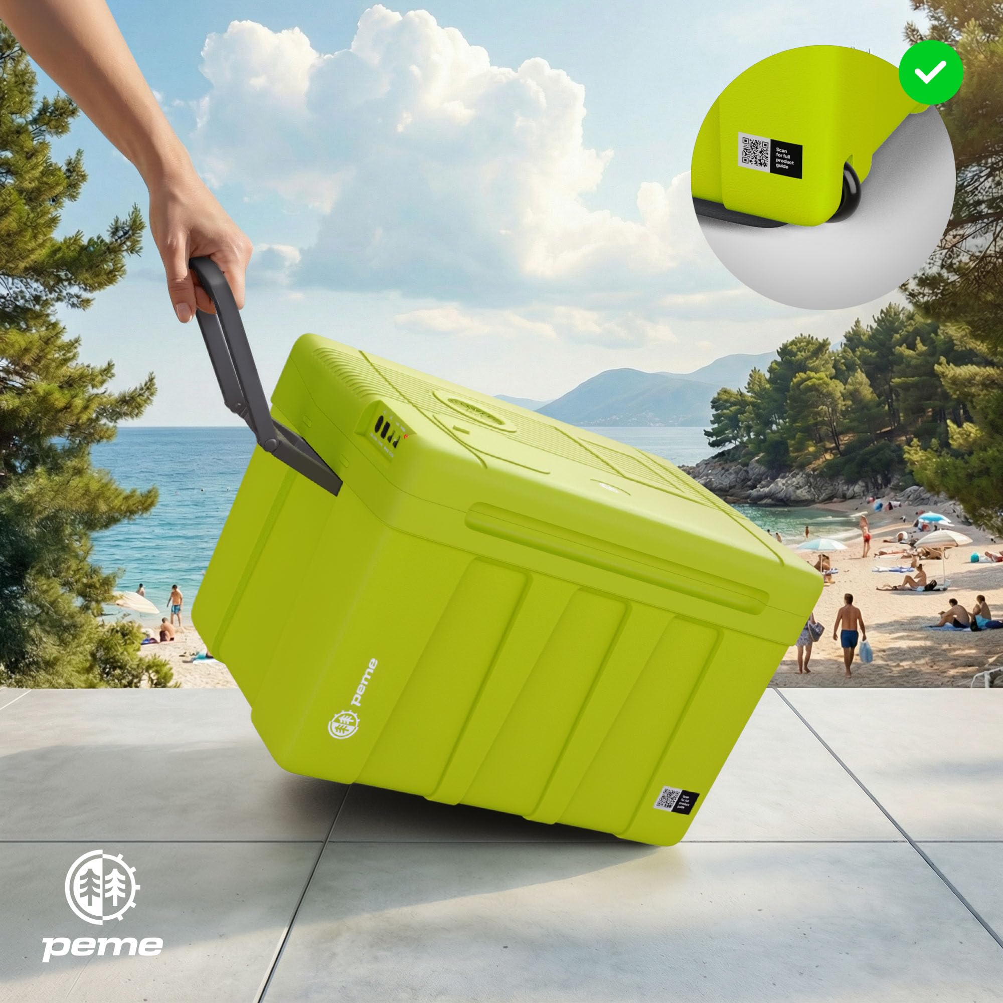 peme Frigo Portatile 46,5L - Frigorifero Elettrico con Caldo/Freddo, Doppia Alimentazione 12V & 240V Modalità Ruote e Maniglia Funzionamento Silenzioso per Auto Camper - Essential XL 50 Neon Jungle