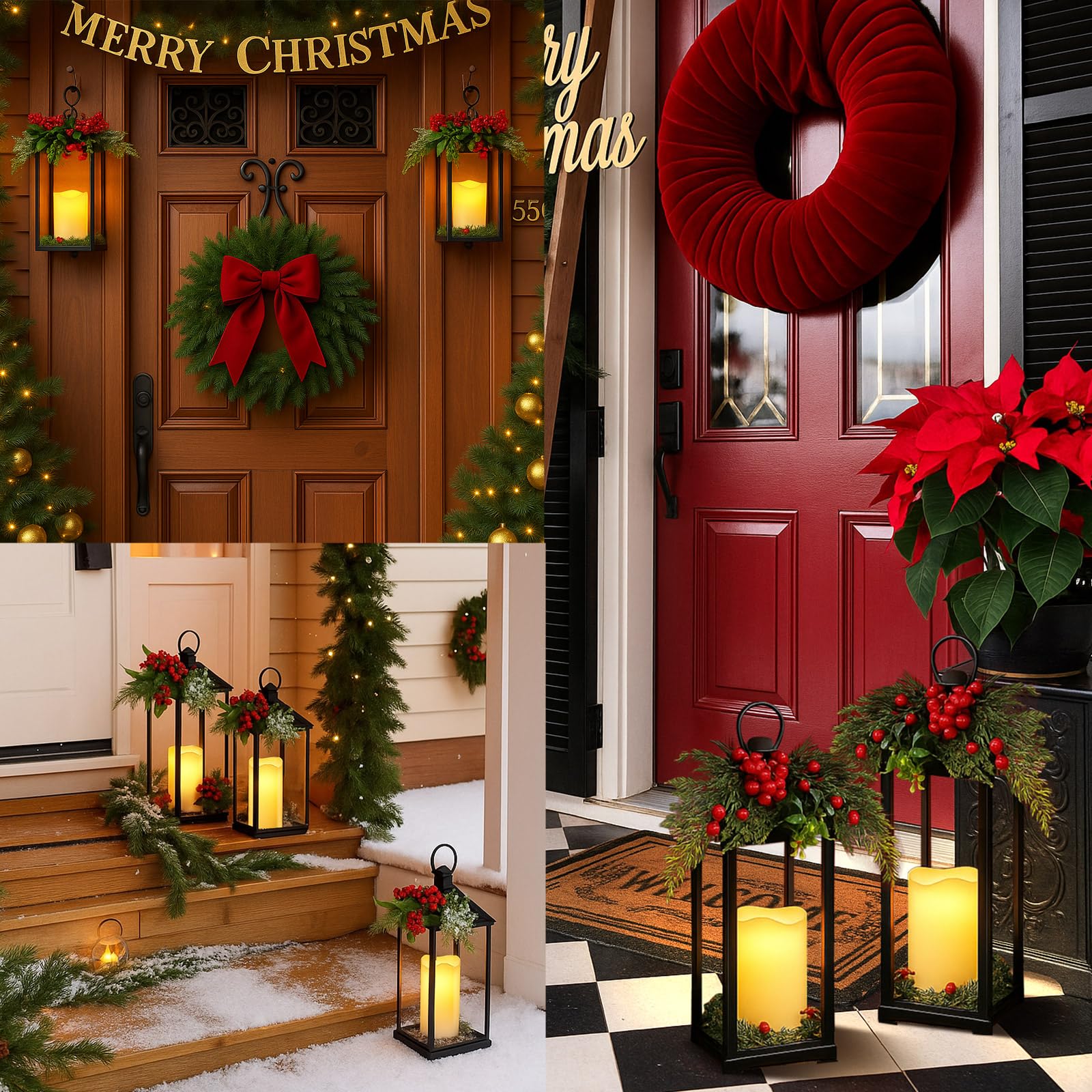 2 lanterne natalizie nere in metallo con candela senza fiamma da 30,5 cm e 38 cm, bacche rosse, moderne candele LED tremolanti per soggiorno, casa, interni, esterni, tavolo, caminetto