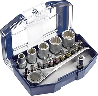 kwb Bit-Box – 17-teilig inkl. Bits, Umschalt-Knarre mit 1/4 Zoll Sechskant-Aufnahme in stabiler Kunststoff-Box mit Gürtelclip