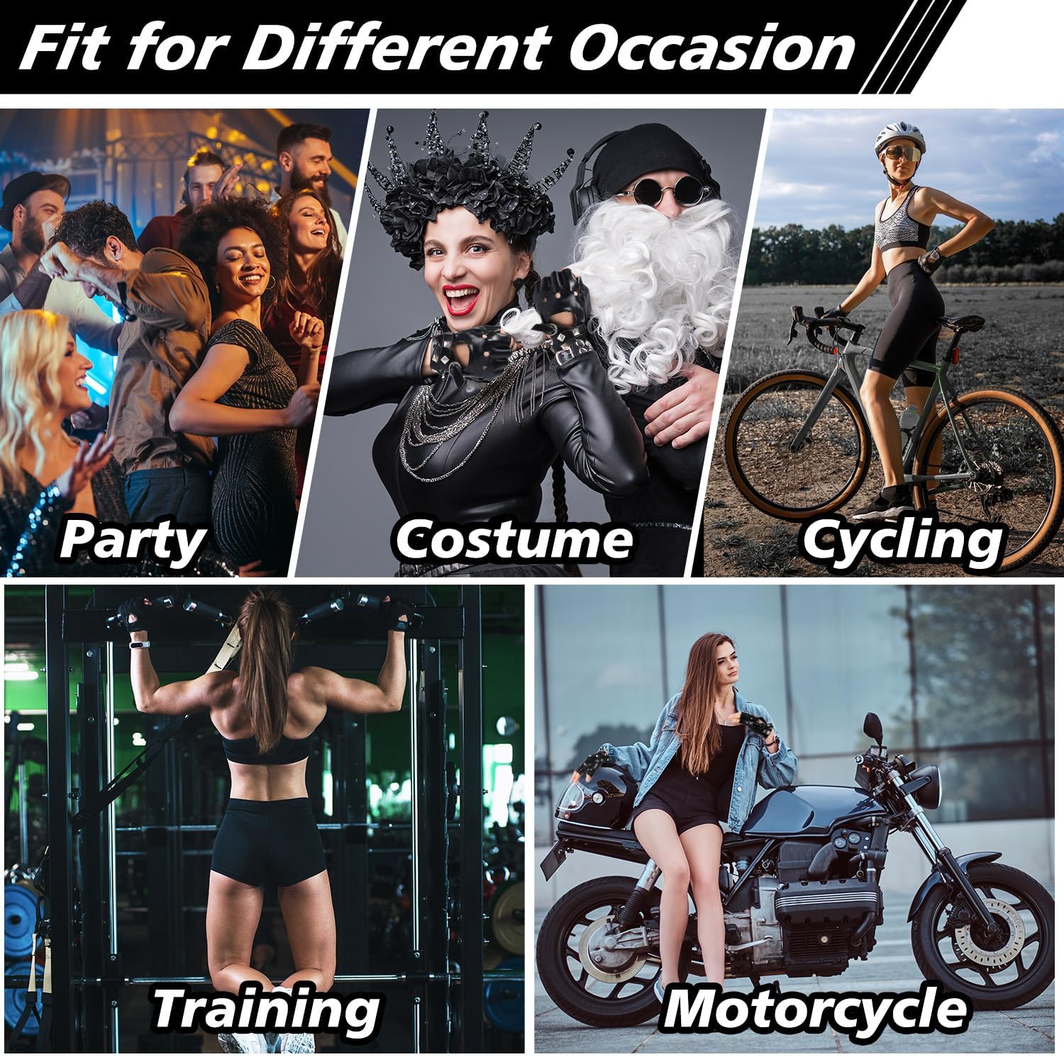 FAYBOX Black Leather Fingerless Gloves for Women Teens, Halloween Costume Accessories Belt Up Half Finger Gloves - Image 7