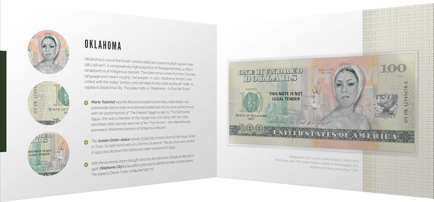 IMPACTO COLECCIONABLES | Oklahoma Souvenir Dollar Note – Novelty Collectible Banknote with UV Details (Not Legal Tender), Part of The 50 U.S. States Commemorative Collection