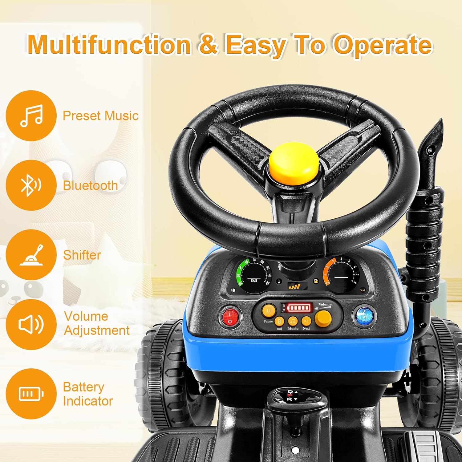 Close-up of ARBELI tractor dashboard with music, Bluetooth, shifter, volume, and battery indicator controls