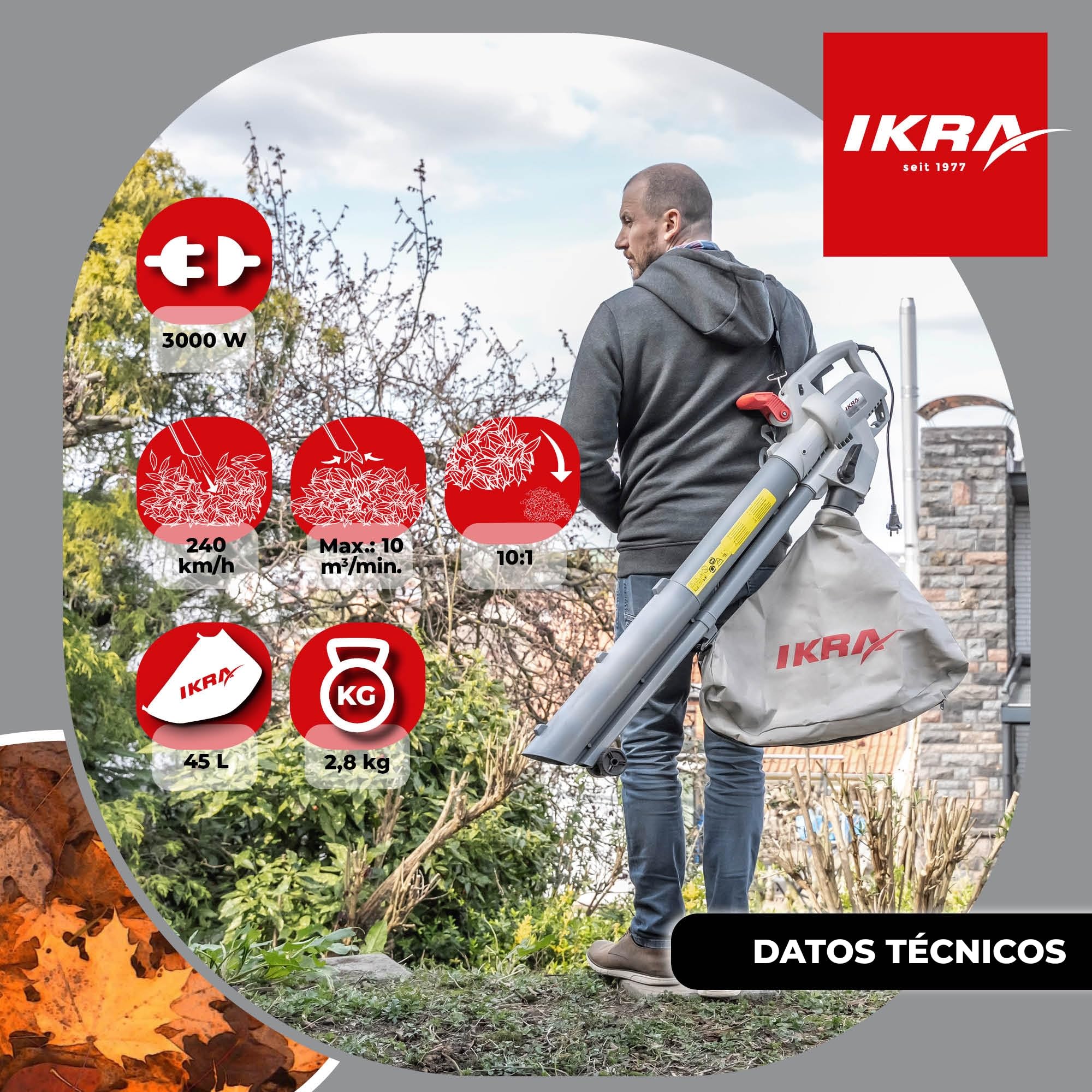 IKRA Aspirador soplador triturador eléctrico IBV 3000 3in1, Velocidad soplado 240 km/h, regulación Variable de la Velocidad