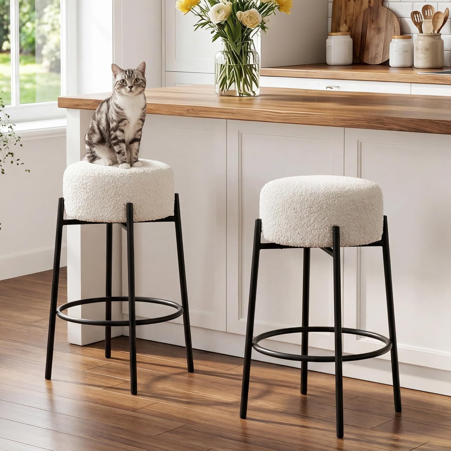 Flouki Boucle Bar Stools, Counter Height Barstools, Island Chairs, Stools for Kitchen Counter, Boucle Fabric Upholstered with Metal Base, 26 inches H, Set of 3, Black