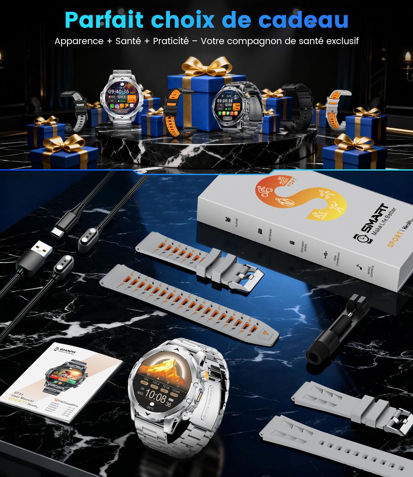 DREMAC Montre Connectée Homme avec 1,53 HD Écran/LED Lampe/1000mah Batterie,IP68 Étanche Smartwatch avec 100+ Modes Sportifs,24/7 Moniteur de Fréquence Cardiaque et Sommeil,pour Android iOS, Argent