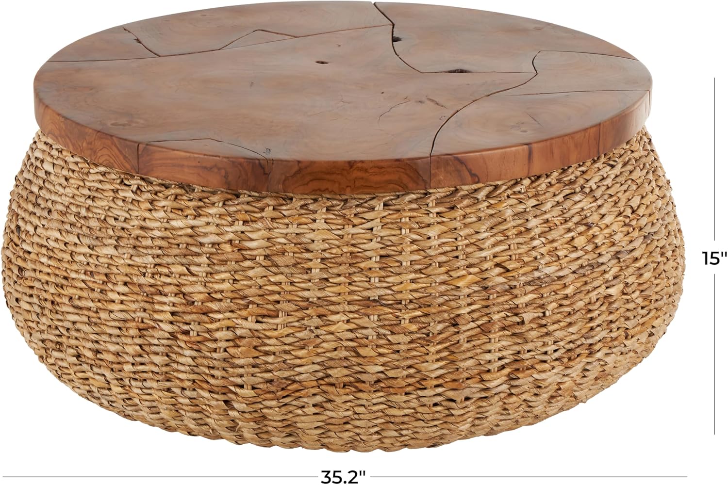 Deco 79 Rattan Living Room Coffee Table Wrapped for Home with Teak Tabletop, Center Table 35" x 35" x 15", Brown