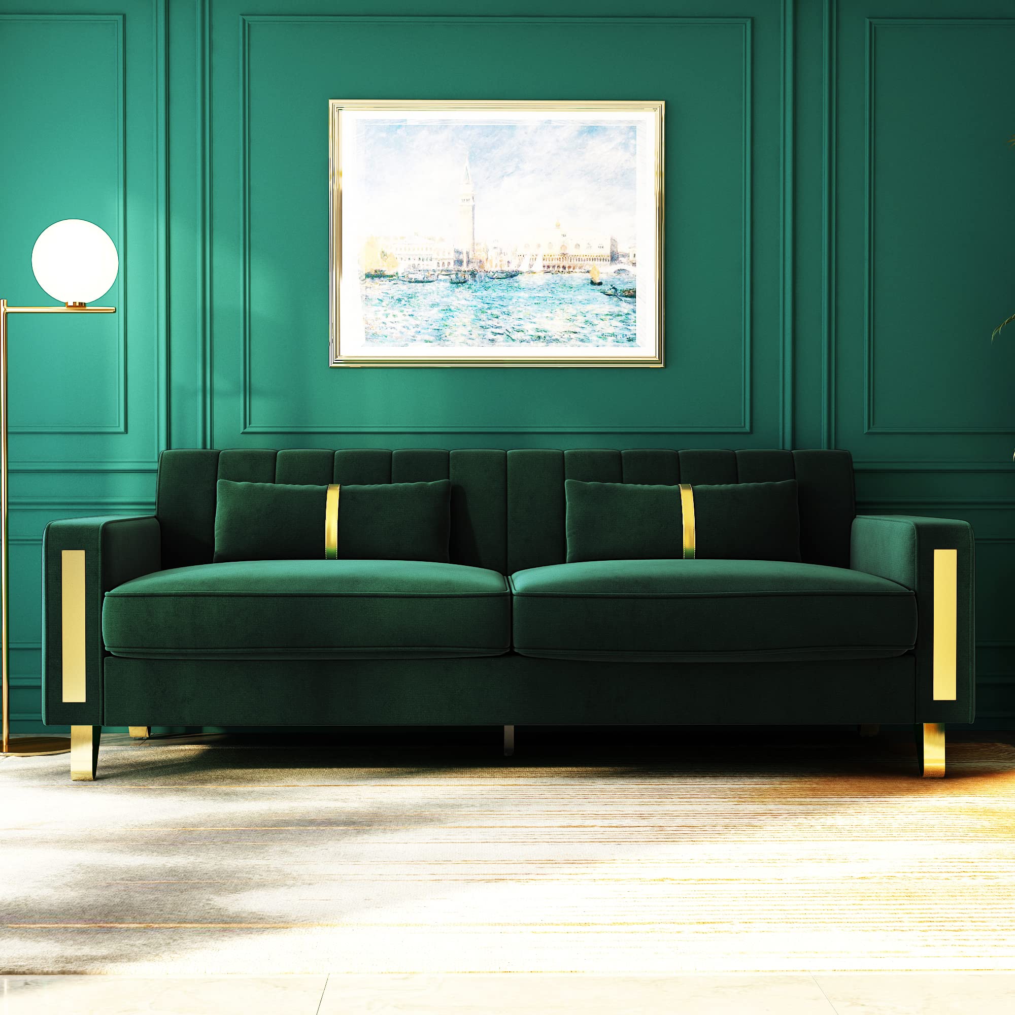 ANTTYBALE Couch 85.62" 3 Seats Sectional Velvet Fabric Sofa Easy Assemble Sofa Bed with 2 Couch Pillows,Gold Metal Legs for Living Room (P17, Green)