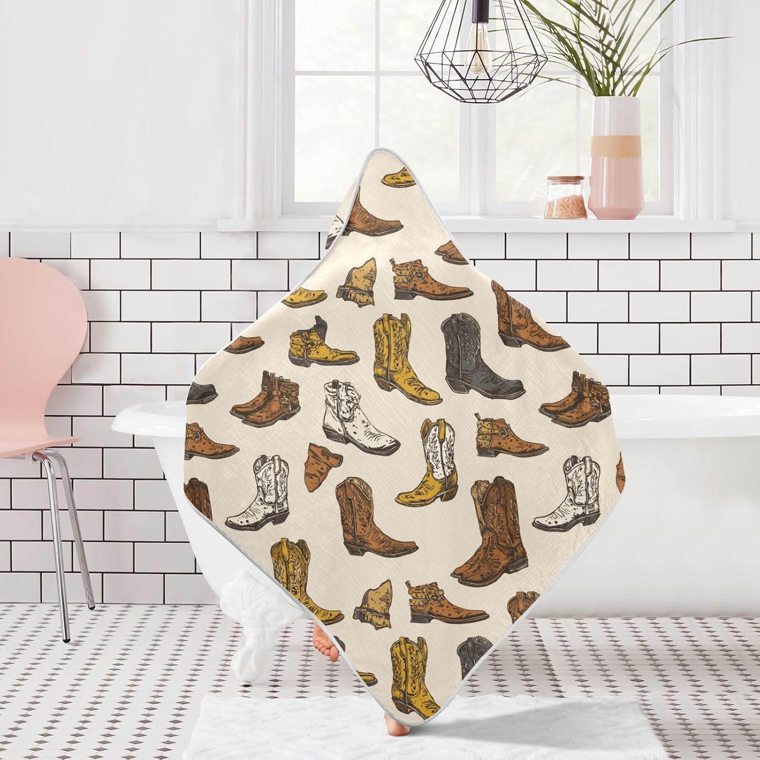Caikeny Baby Towel Cowboy Boots Baby Hooded Towel Brown Soft Cotton Bath Towels for Baby Newborns Hooded Towel for Boys Girls Infants Toddlers 35x35 Inch