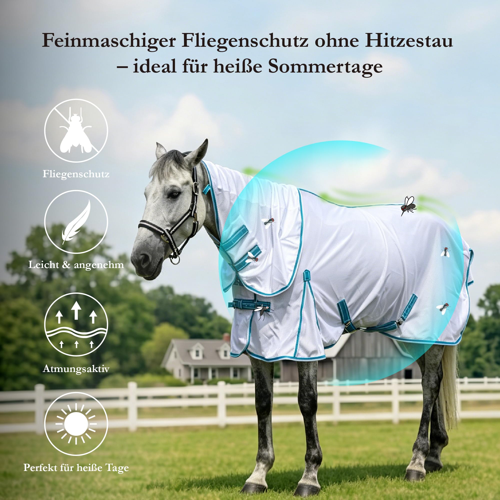 Fliegendecke Pferd atmungsaktiv mit abnehmbarem Halsteil Weiß 140cm | Leichte Sommerdecke mit verstellbarer Kreuzbegurtung, großmaschigem Mesh-Gewebe und hohem Komfort für empfindliche Pferde