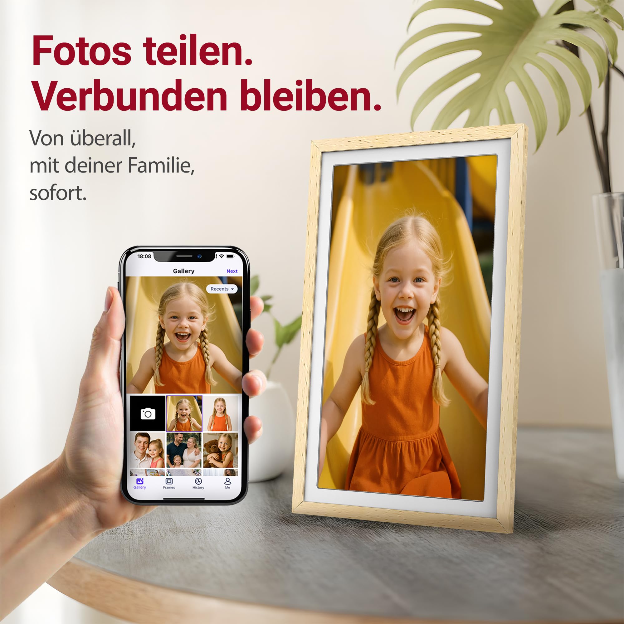 XORO 15 Zoll WiFi Digitale Bilderrahmen, 1920x1080 Full HD 1080P IPS Touch Display, 32GB Speicher, Automatische Rotation, Buchenholz, Teilen Sie Fotos sofort von überall aus