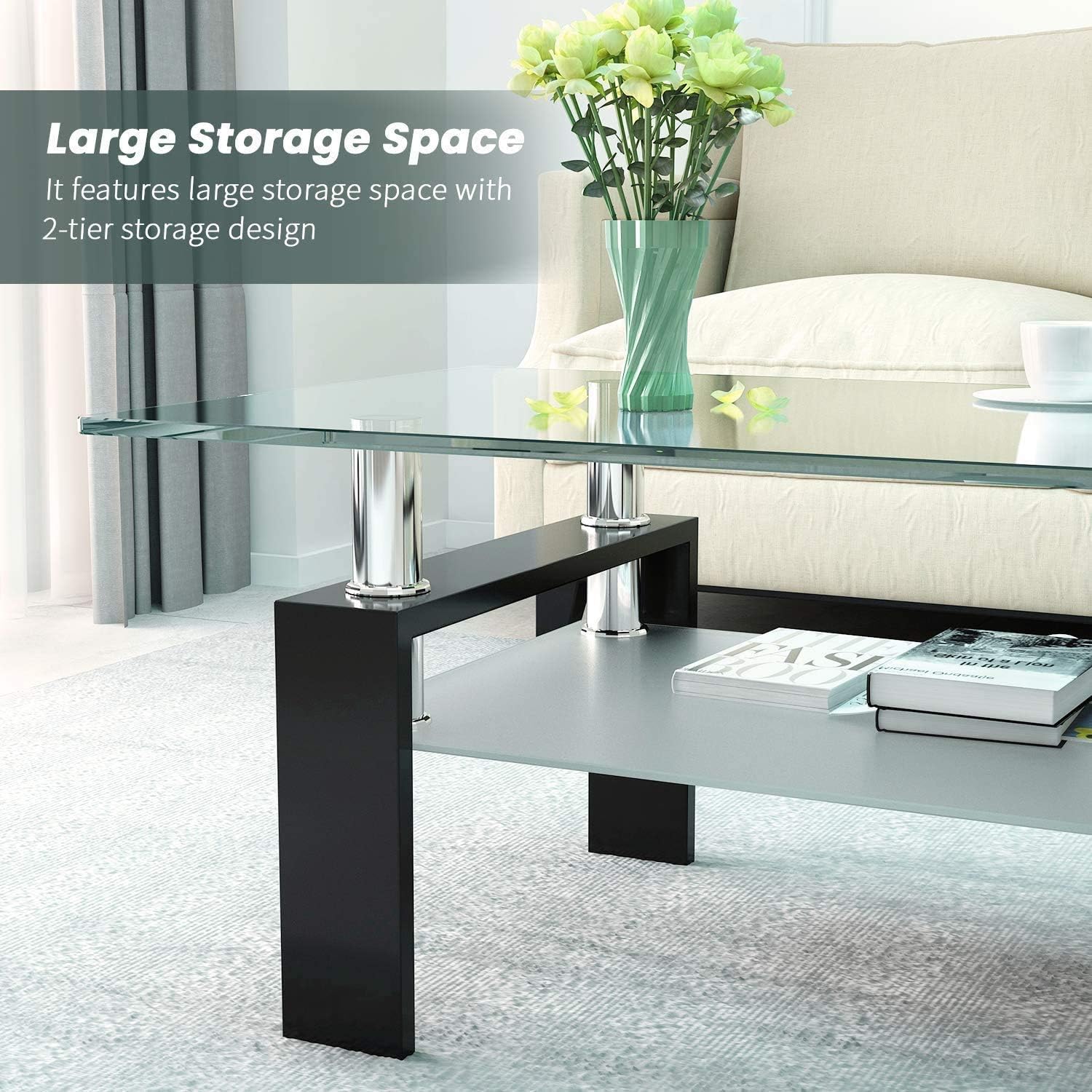 DKLGG Rectangle Glass Coffee Table-Modern Center Side Coffee Table with Lower Shelf Black Metal Legs-Suit for Living Room (Black)