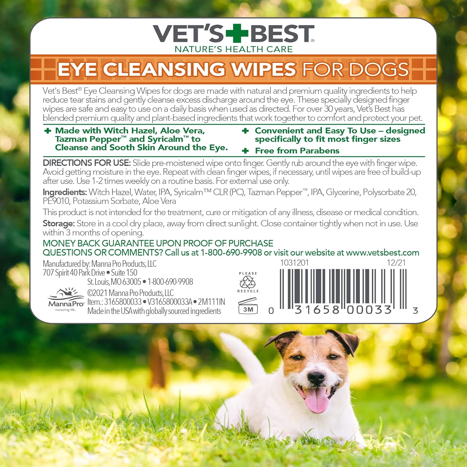 Vet’s Best Eye Cleansing Wipes for Dogs - Tear Stain Remover for Dogs - Easy to Use and Paraben Free - Aloe Vera & Witch Hazel - 50 Count : Pet Supplies