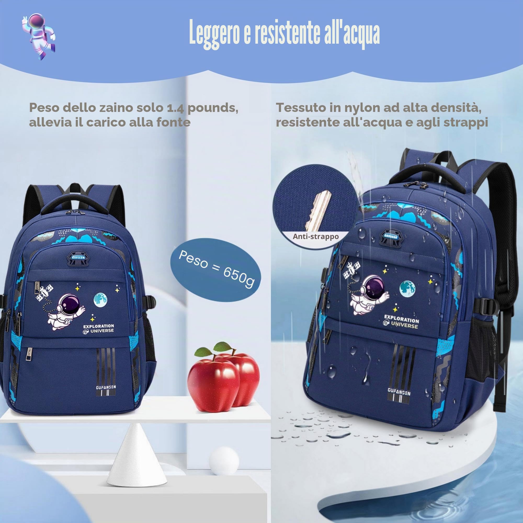 Zaini Spaziali per Ragazzi e Ragazze con Ciondolo Astronauta Borse per la Scuola, A02-blu, M