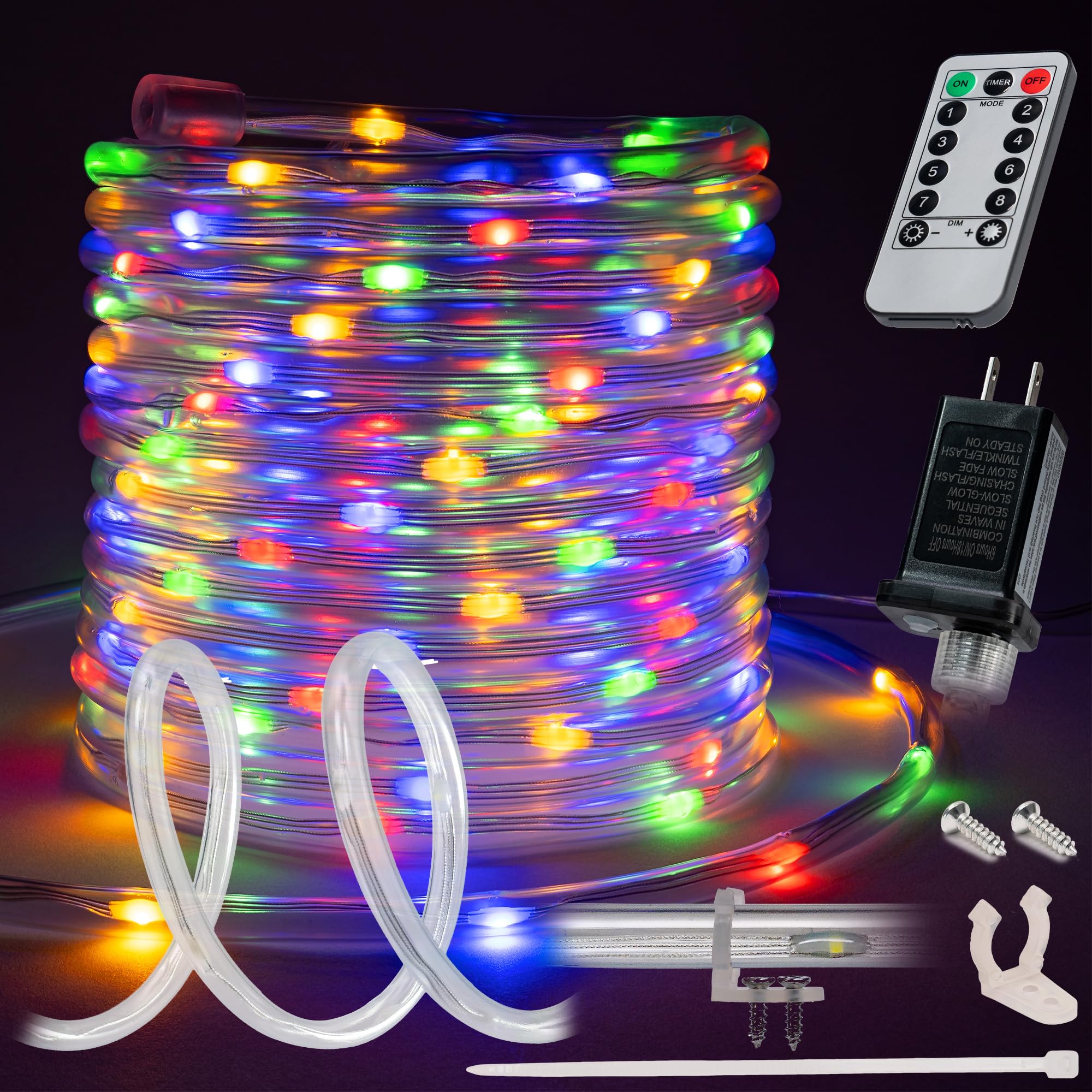 WYZworks 20ft Colorful LED Rope Light - 8 Modes, Waterproof Outdoor Accent Lighting with Remote, Flexible Clear Tube, ETL Certified, Garden, Patio, Backyard, Holiday Christmas, Tree, Ambient Decor