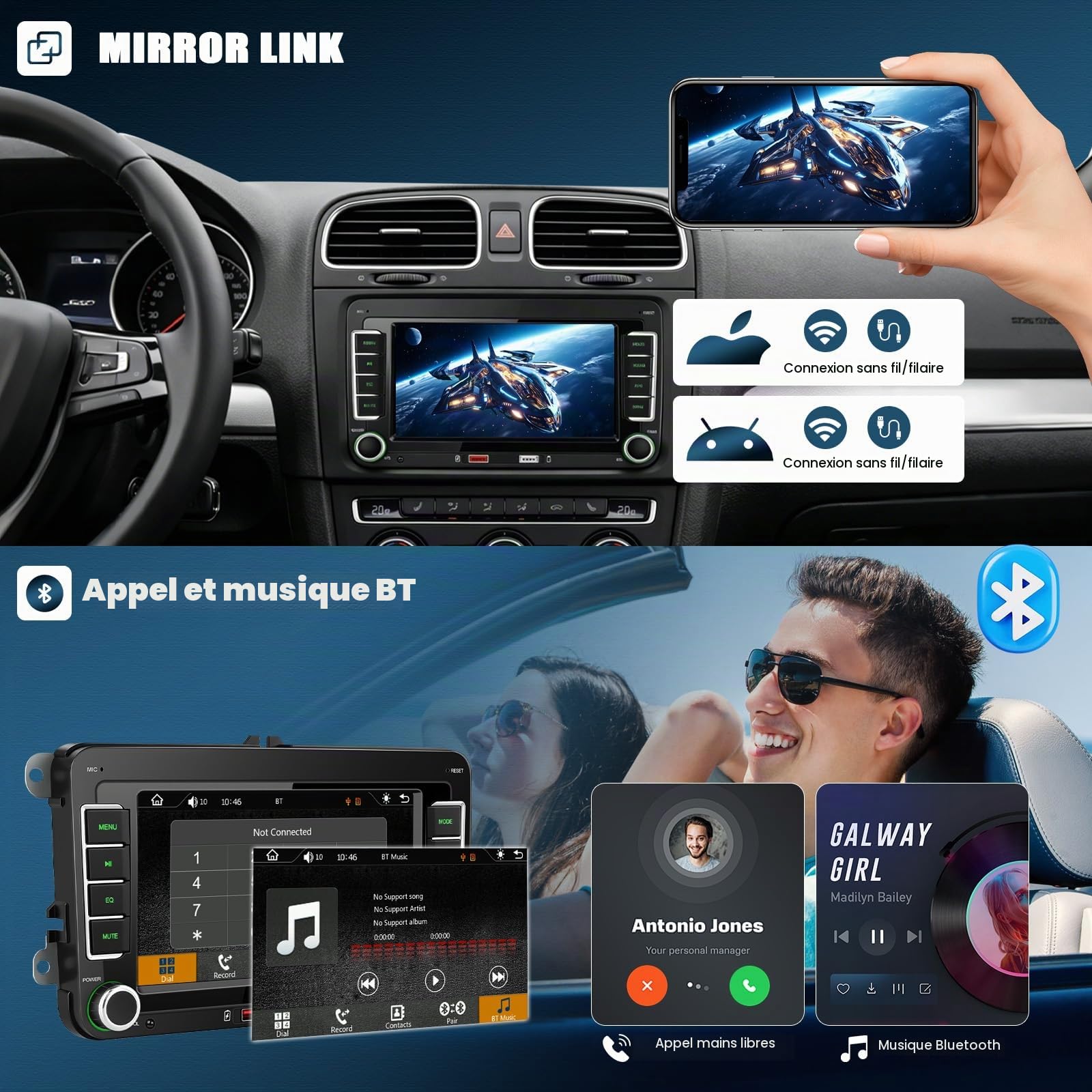 CAMECHO Autoradio avec Écran pour VW T5 Transporter 2003-2015, CarPlay Android Auto, 7" IPS Tactile, Double DIN, CANBUS, FM/AM/RDS, Bluetooth Mains Libres, Mirror Link, USB