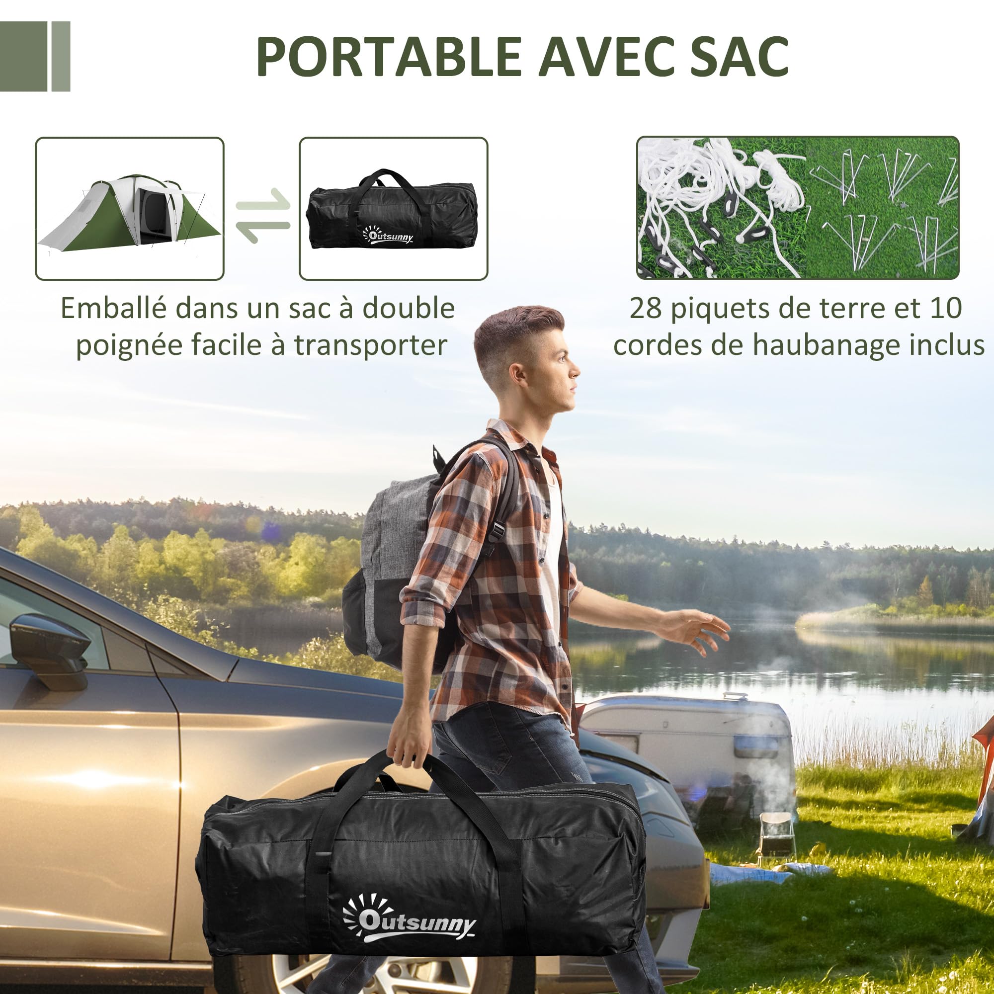 Outsunny Tente Tunnel Tente de Camping familiale 4-6 pers. légère ventilée Facile à Monter - 2 Grandes Portes 5,55 x 2,25 x 1,9 m Fibre Verre Polyester, Gris et Vert