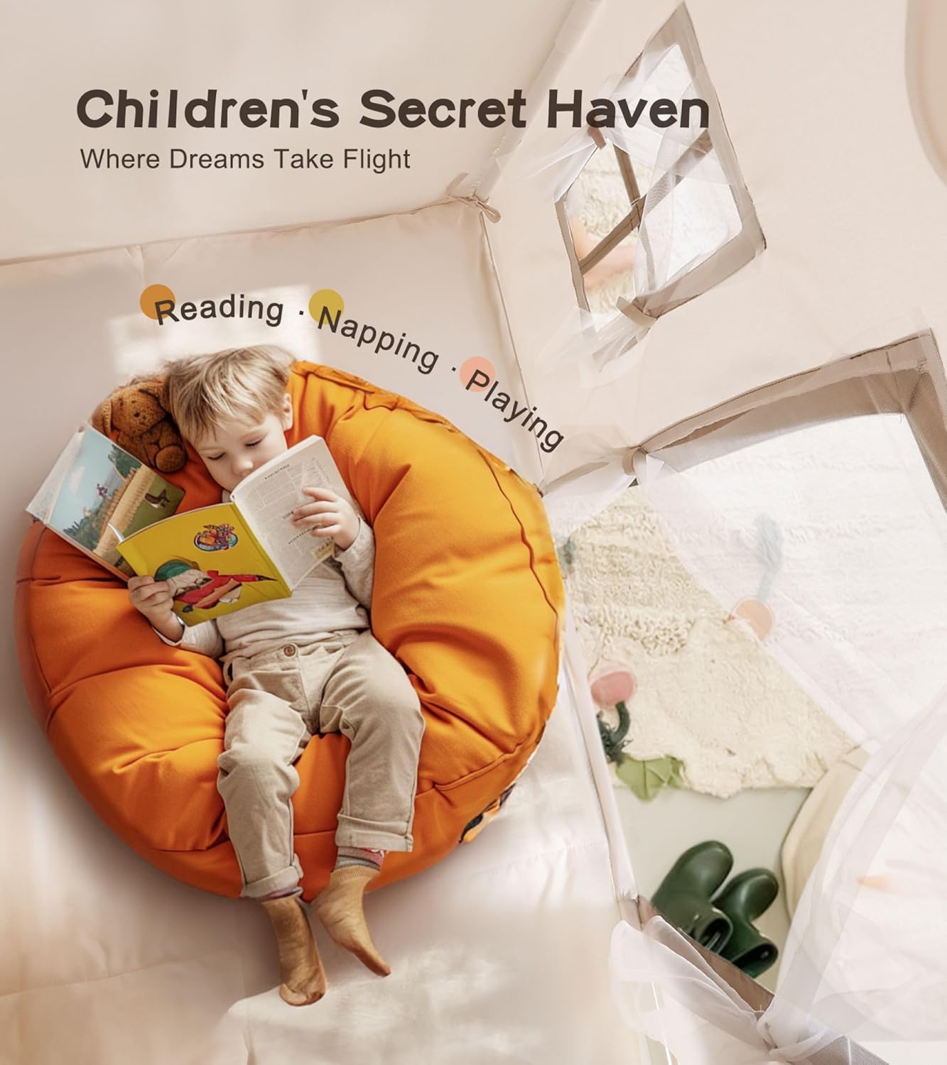 Components of the Little Dove Play Tent laid out, including fabric, poles, and accessories.