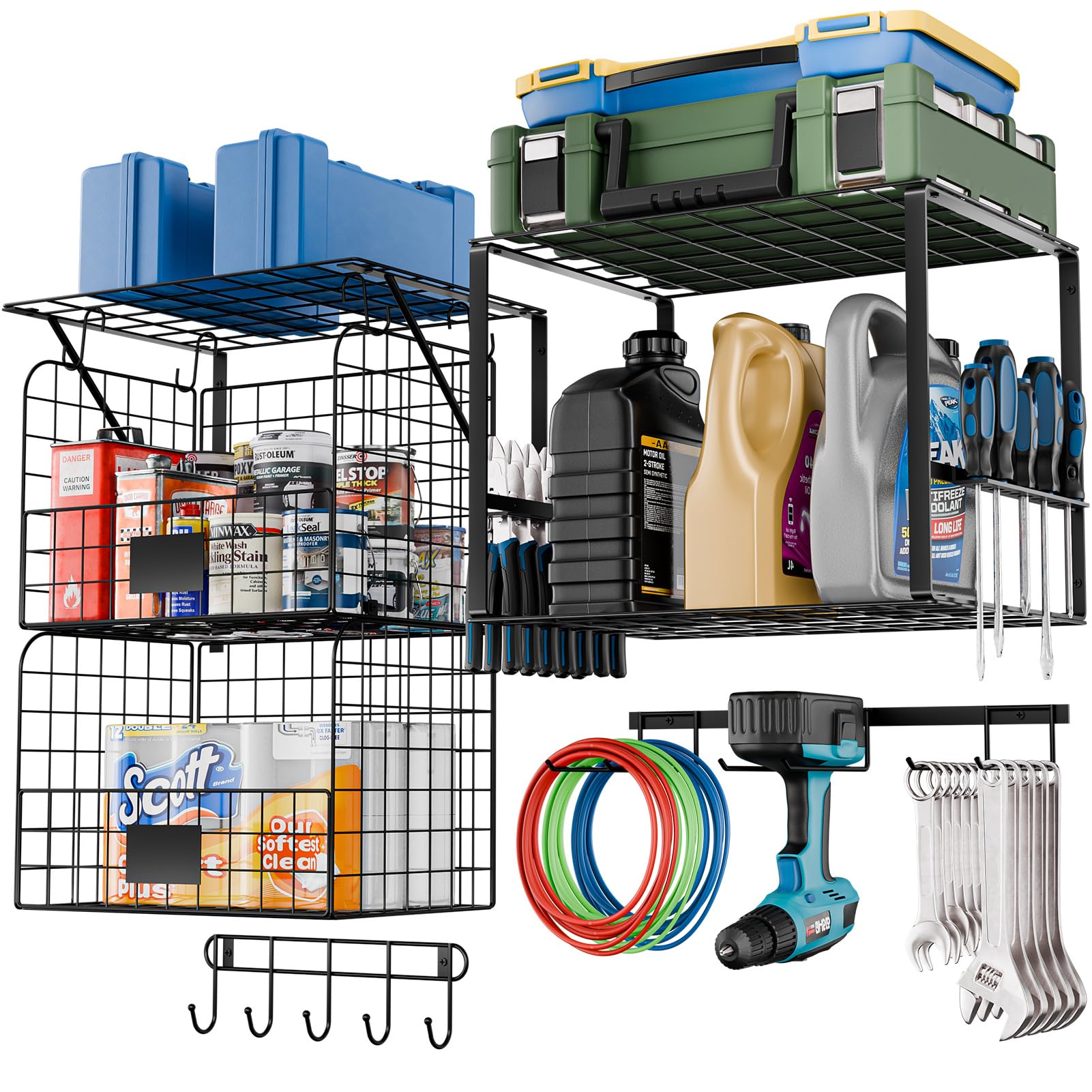 Garage Shelves Wall Mounted with Wire Storage Baskets, Metal Garage Wall Shelving with Rack and Hooks, Garage Tool Organizer with Screwdriver Holder/Plier Holder for Home Garden Organization