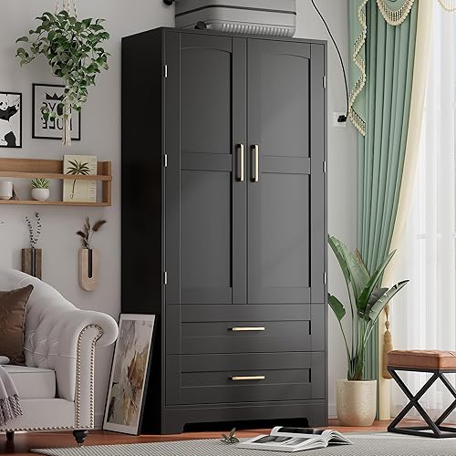 Armario de madera con 2 cajones, armarios de dormitorio con puerta y estantes, armario independiente de almacenamiento de ropa con barra para colgar