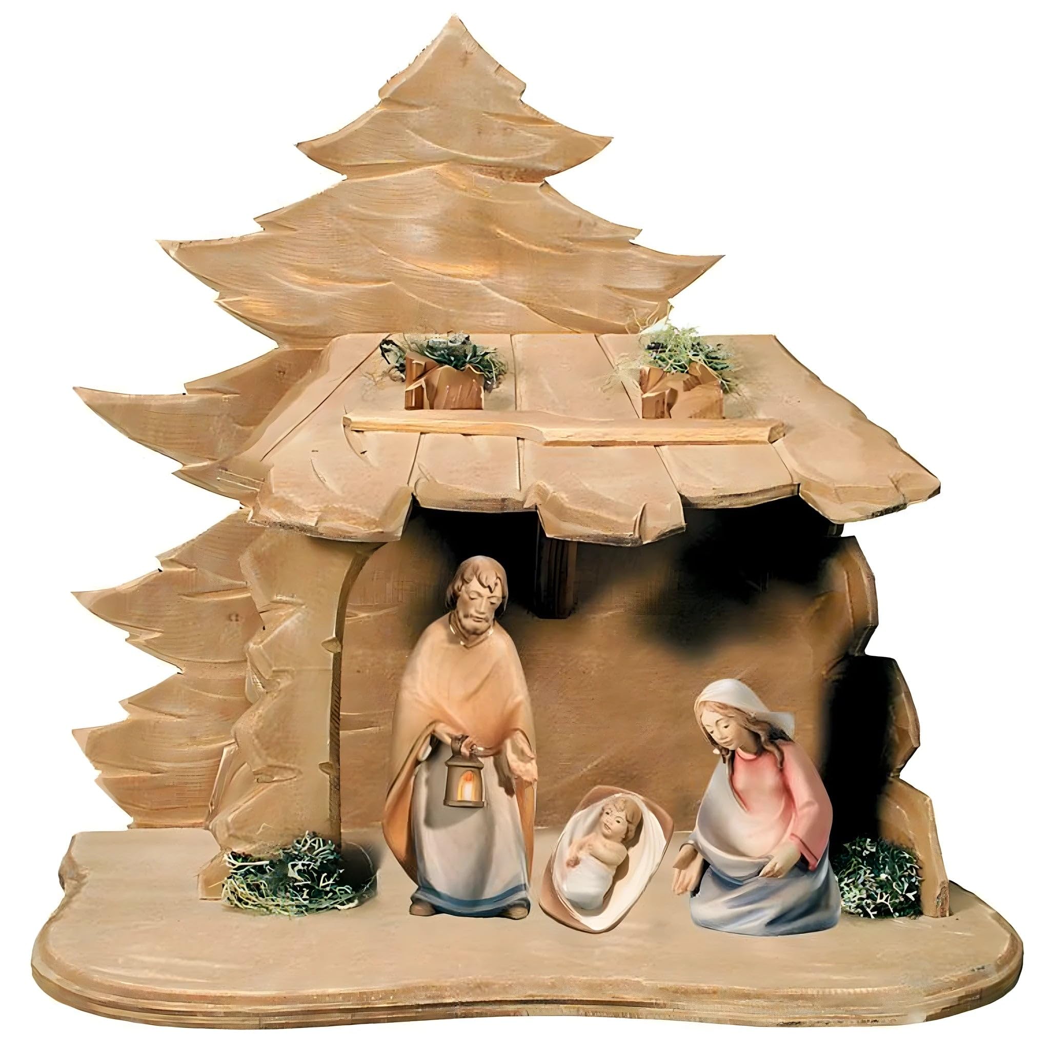 Dolfi Carved Holy Family with Stable in Natural Maple Wood