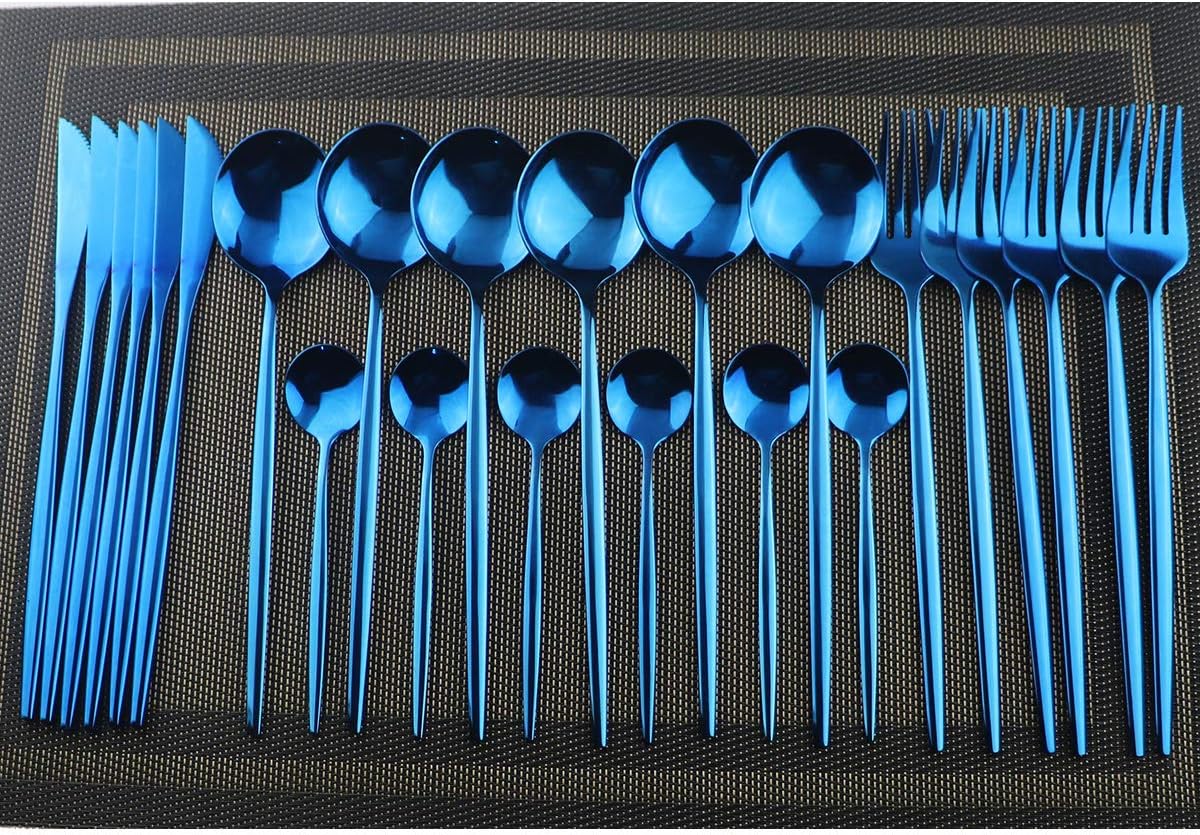 Gugrida 24-Piece Silverware Set - 18/10 Stainless Steel Reusable Utensils Forks Spoons Knives Set, Mirror Polished Cutlery Flatware Set, Great for Family Gatherings & Daily Use (6 set, Blue)