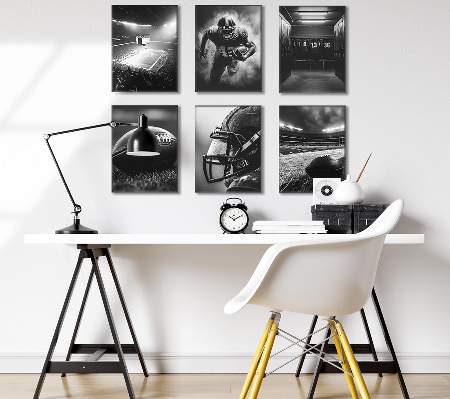 6Pcs Football Canvas Wall Art Rugby Field Stadium Sports Theme Picture Wall Decor Black White American Football Gaming Posters Painting Prints Artwork for Kids Boys Room Locker Room Dorm Living Room