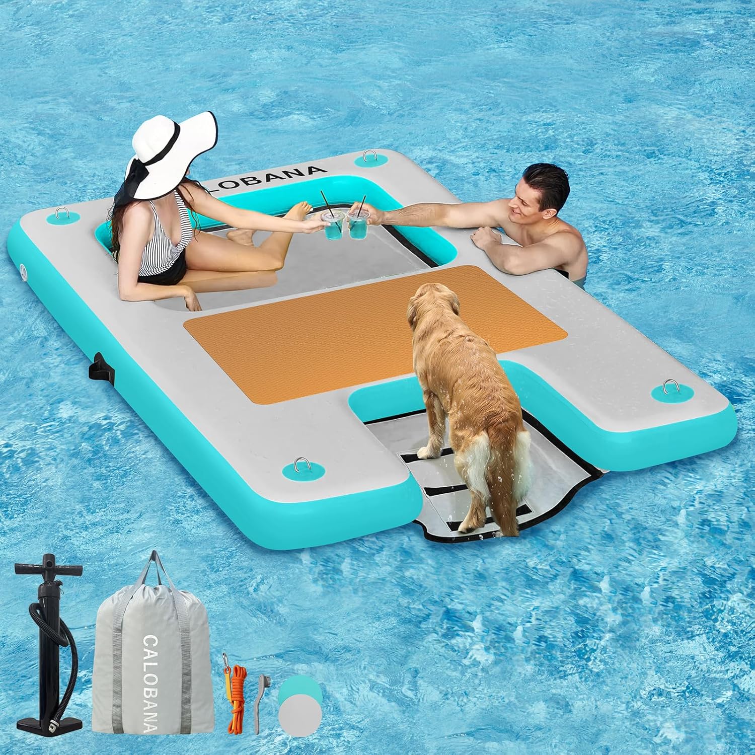 CALOBANA Inflatable Floating Dock with Boat Ramp,Lake Floats with Mesh,Tanning Pool Lounger Water Hammock for Family Party Pool Sea River Dock Boat