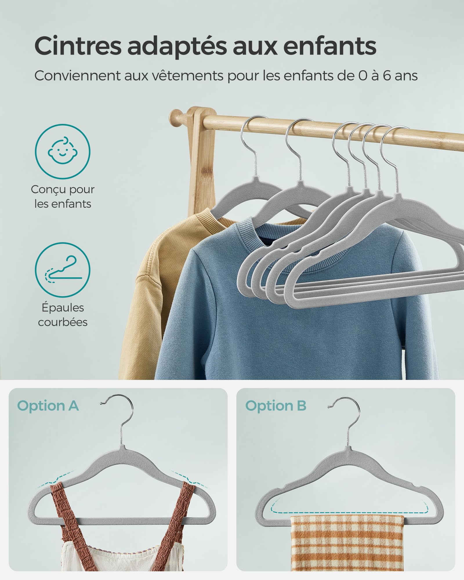 SONGMICS Cintres Enfants, Lot de 50, en Velours, avec Crochets Argentés Pivotants à 360°, Cintres pour Vêtements, Gain de Place, Gris Tourterelle CRF027G05