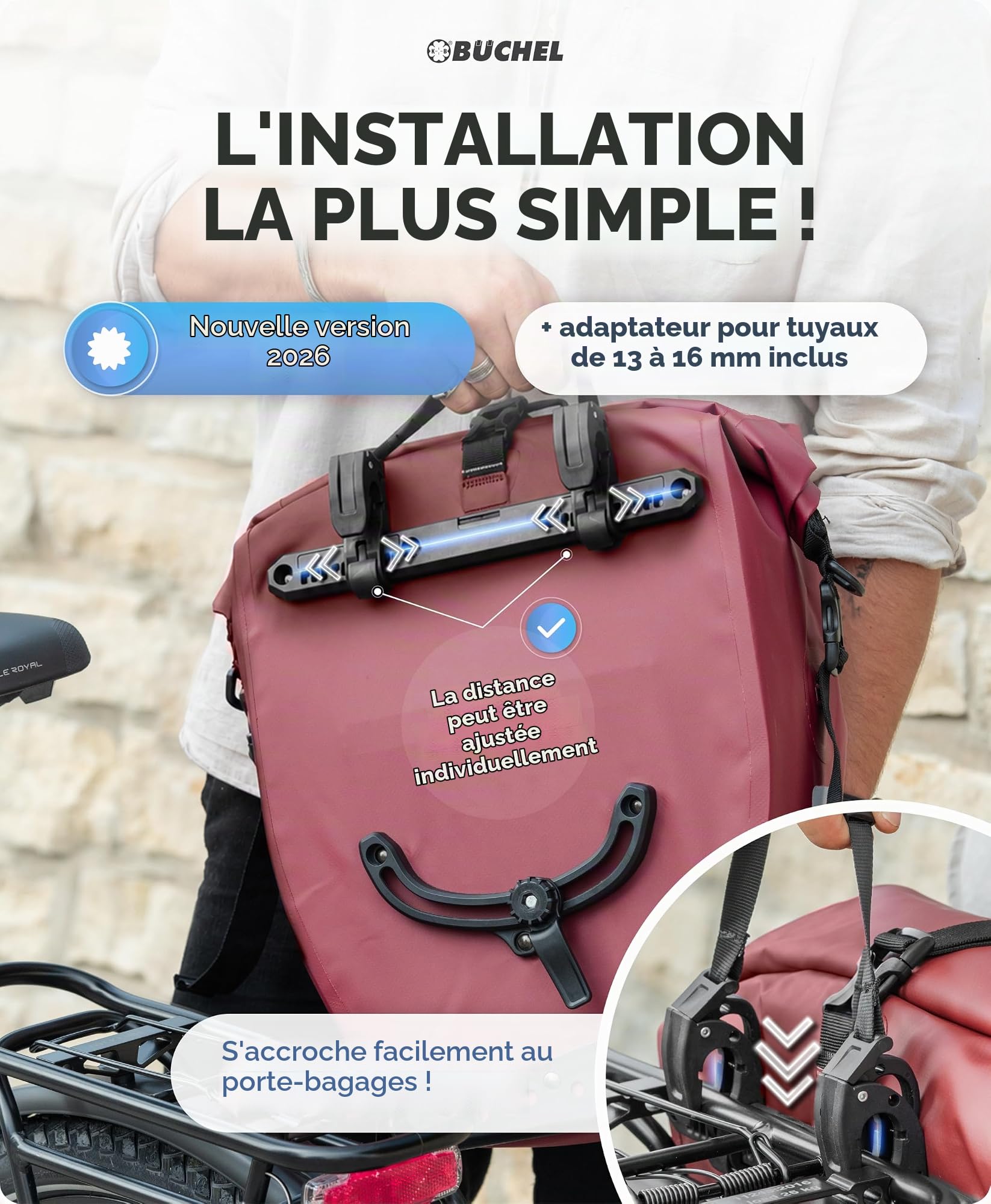 Büchel Sacoche de vélo pour Porte-Bagages, 100% étanche, avec poignée de Transport et bandoulière, Sacoche de vélo, Porte-Bagages, Sacoche de vélo arrière