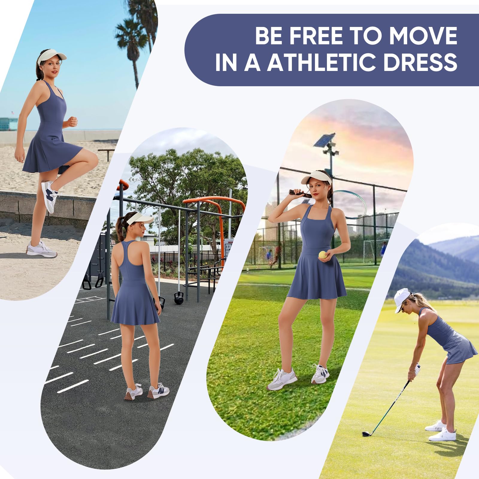 Bezioner Tenniskleid Damen Racerback Golfkleid mit Integriertem BH Shorts Taschen Reißverschluss Tennis Outfit Sportkleider