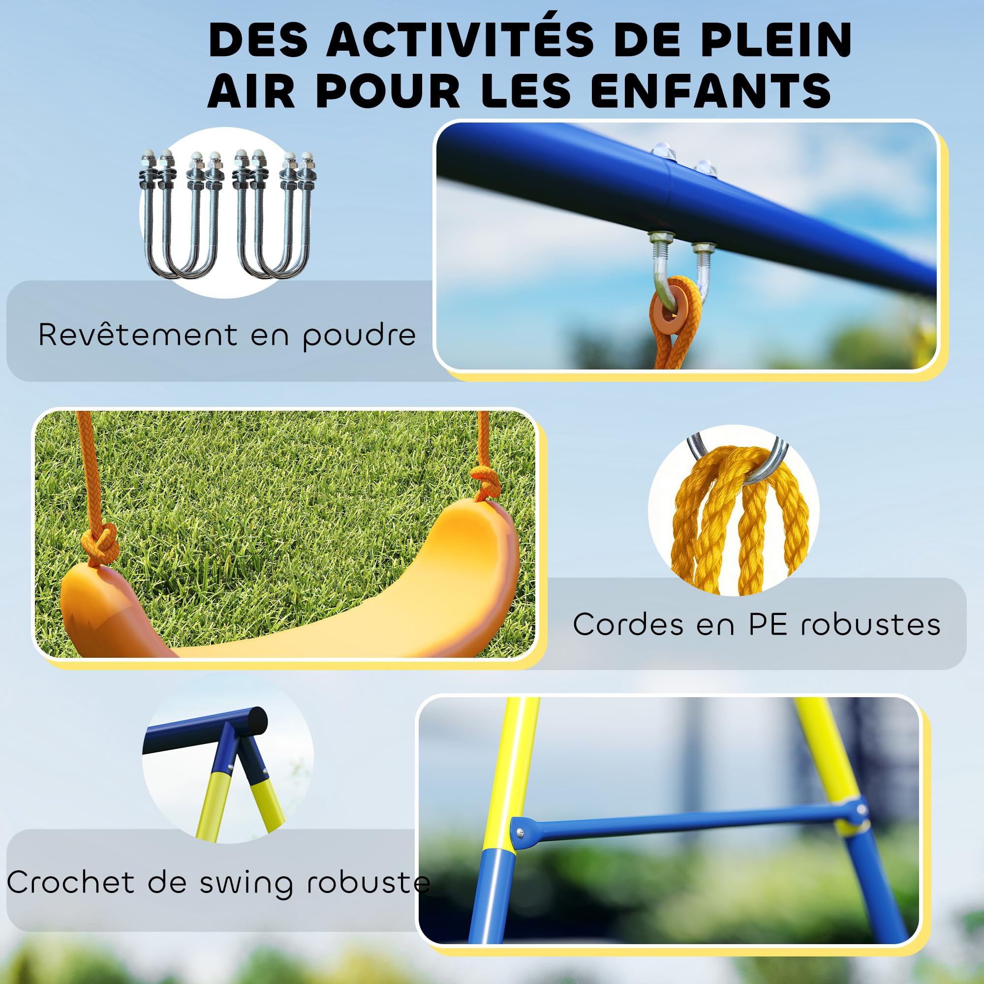AIYAPLAY Portique Balançoire Extérieure Enfants 3-en-1 Siège de Balancelle