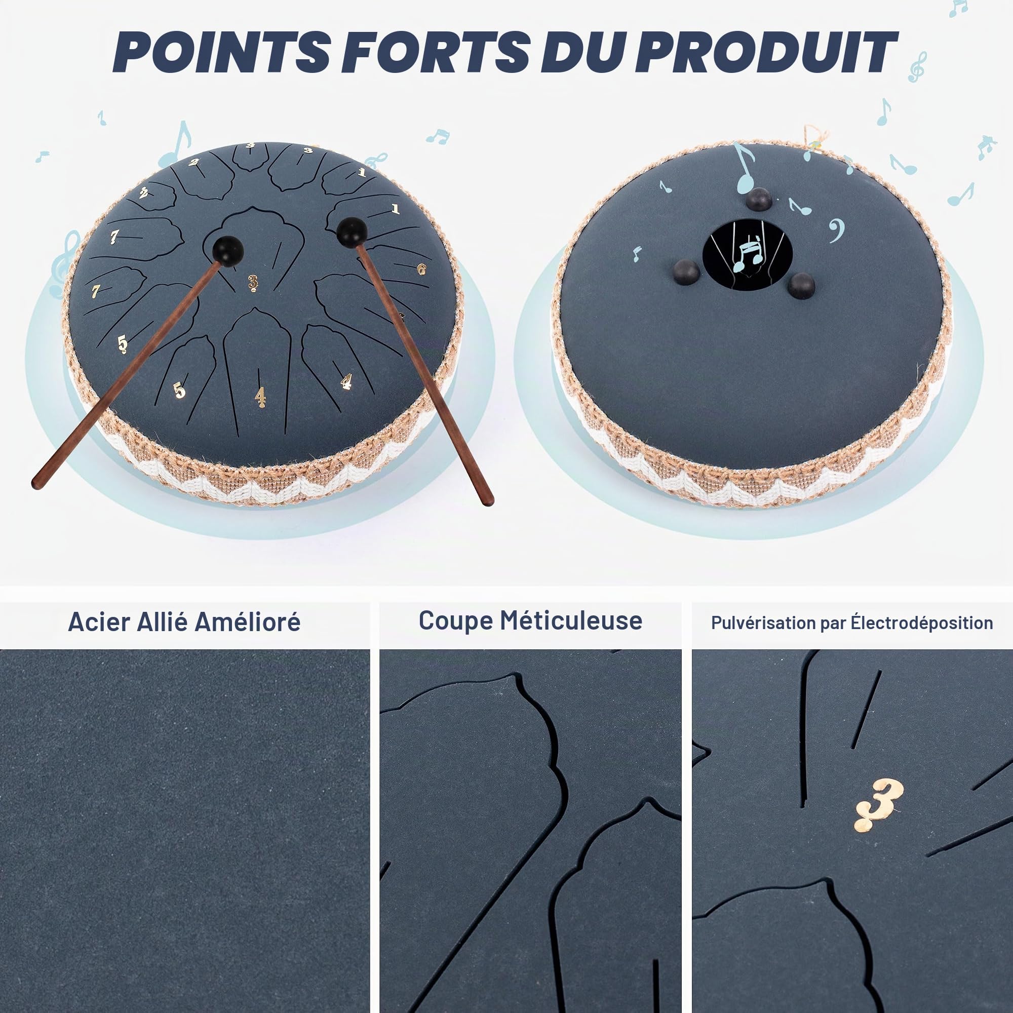 Handpan, Steel Drum, Hand Pan Drum, Bleu Marine | Steel Tongue Drum 15 Notes 12 Pouces 30cm C Majeur, Tambour à Langue en Acier Méditation et Yoga, Rain Drum Tambour a Pluie
