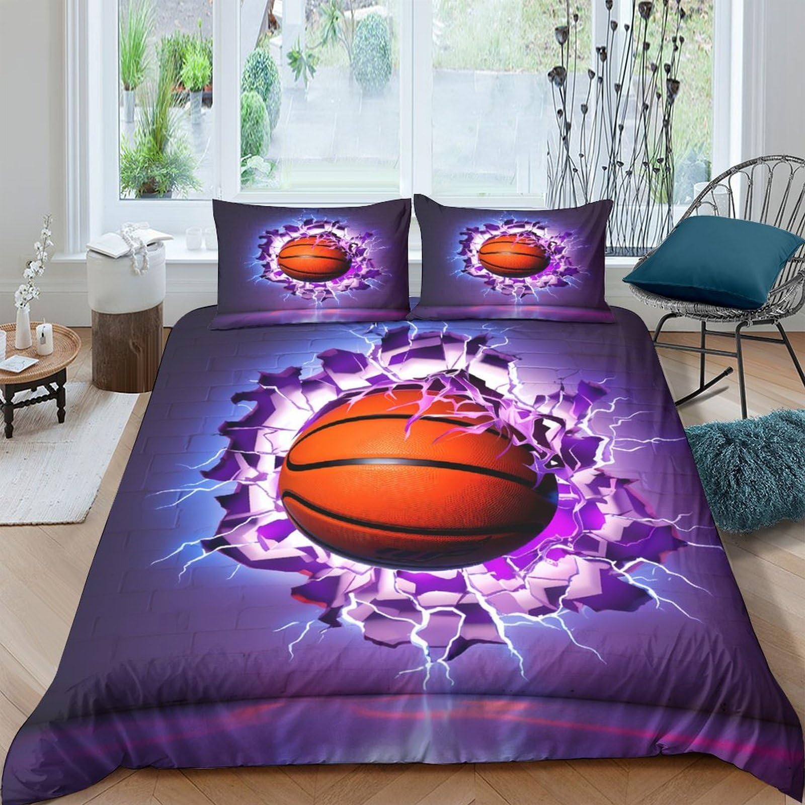 Ctjqhvkz Style-4 3D Printed Basketball Explosion Fitted Sheet Microfiber Soft Purple Lightning Bed Cover For Bedroom Dorm Decor Mattress Protection Single（135X200cm）