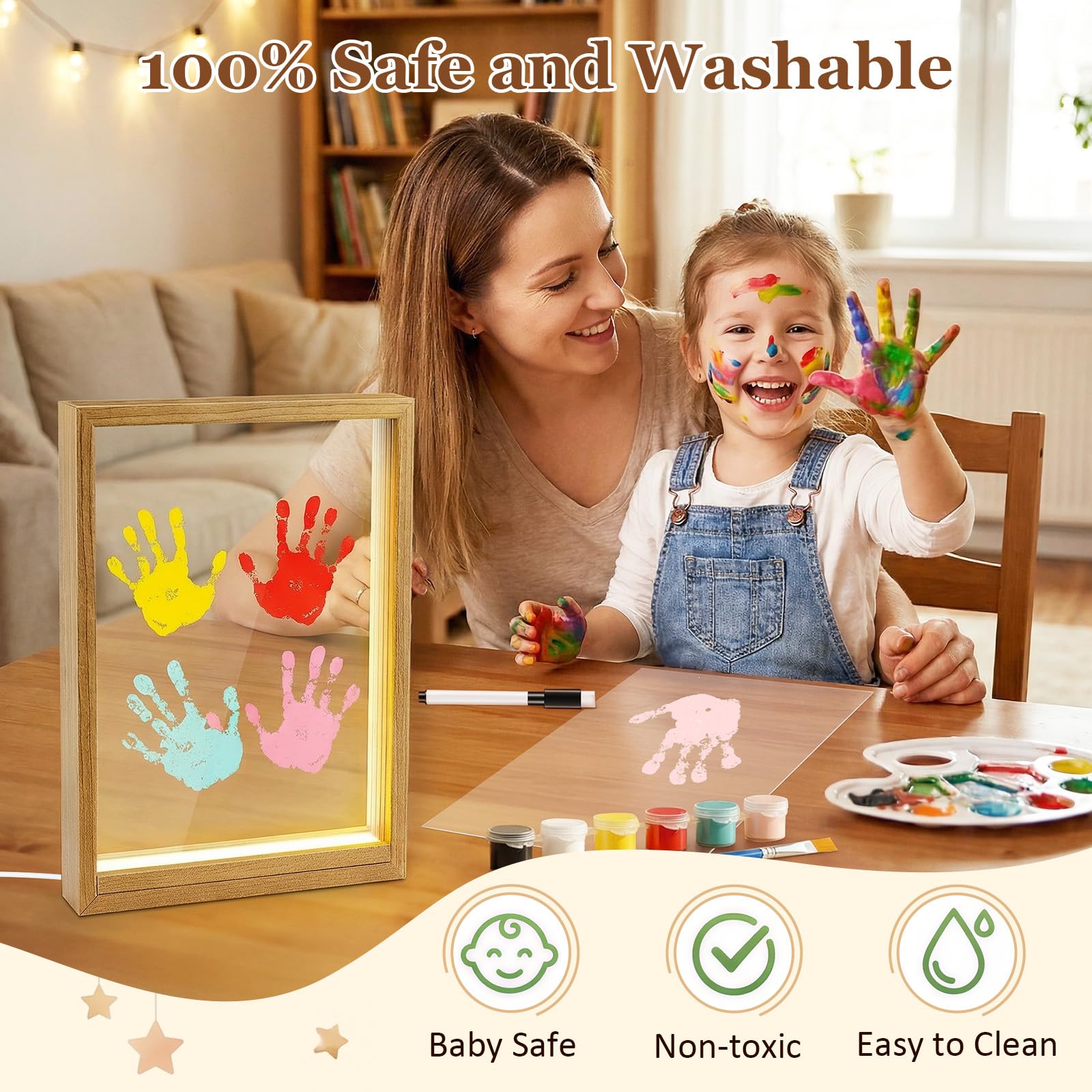 Cadre LED en Bois Kit Empreinte Famille Bébé Souvenir Personnalisé Décoration Murale Cadeau Naissance