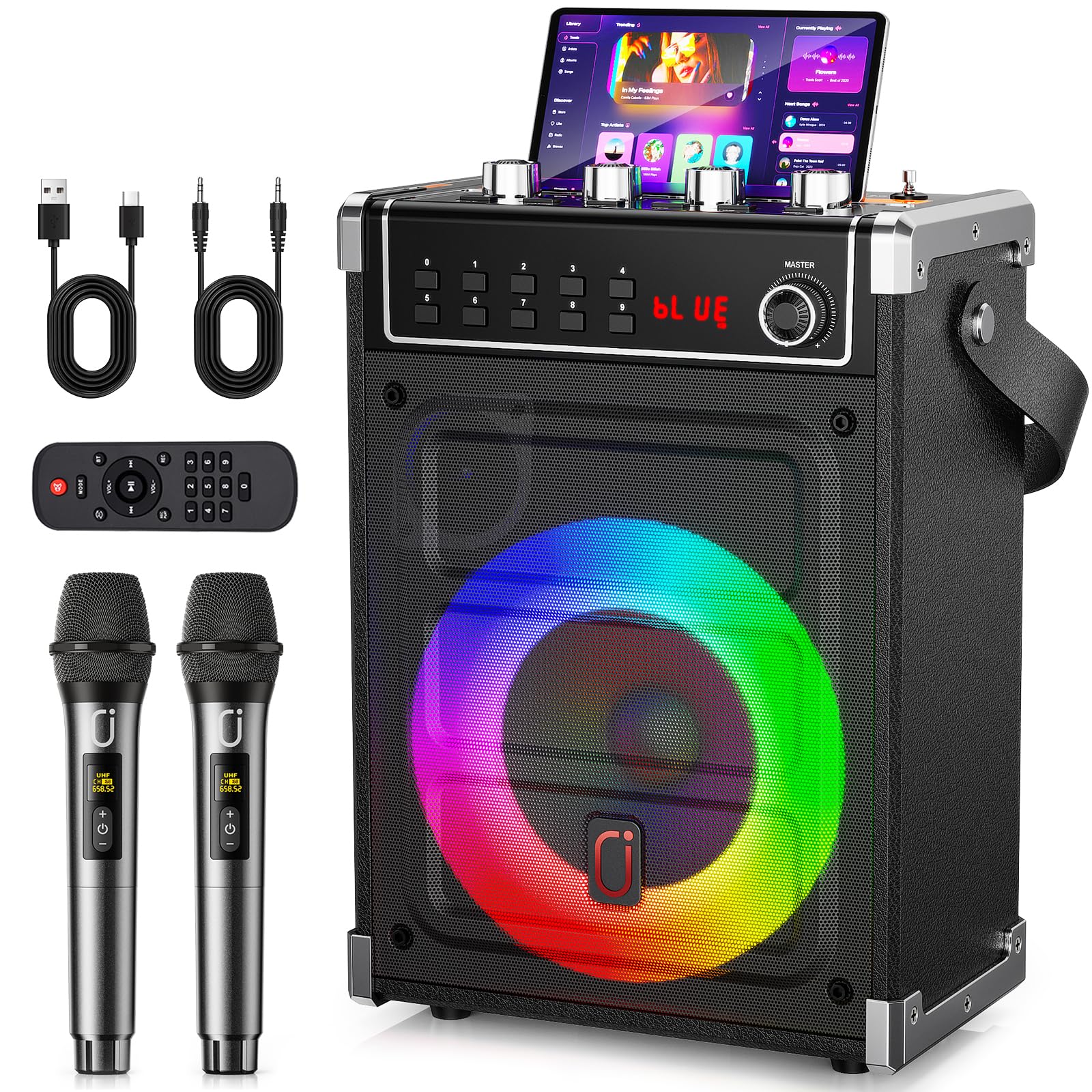 JYX Karaoke Maschine mit 2 Mikrofonen und Fernbedienung, Holzgehäuse,180W Peak, 2" Hochtöner & 6,5" Tieftöner, Bass/Echo/Mikrofonlautstärke einstellbar, TWS/TV, für Familienfeiern,Gartenpartys,BBQ