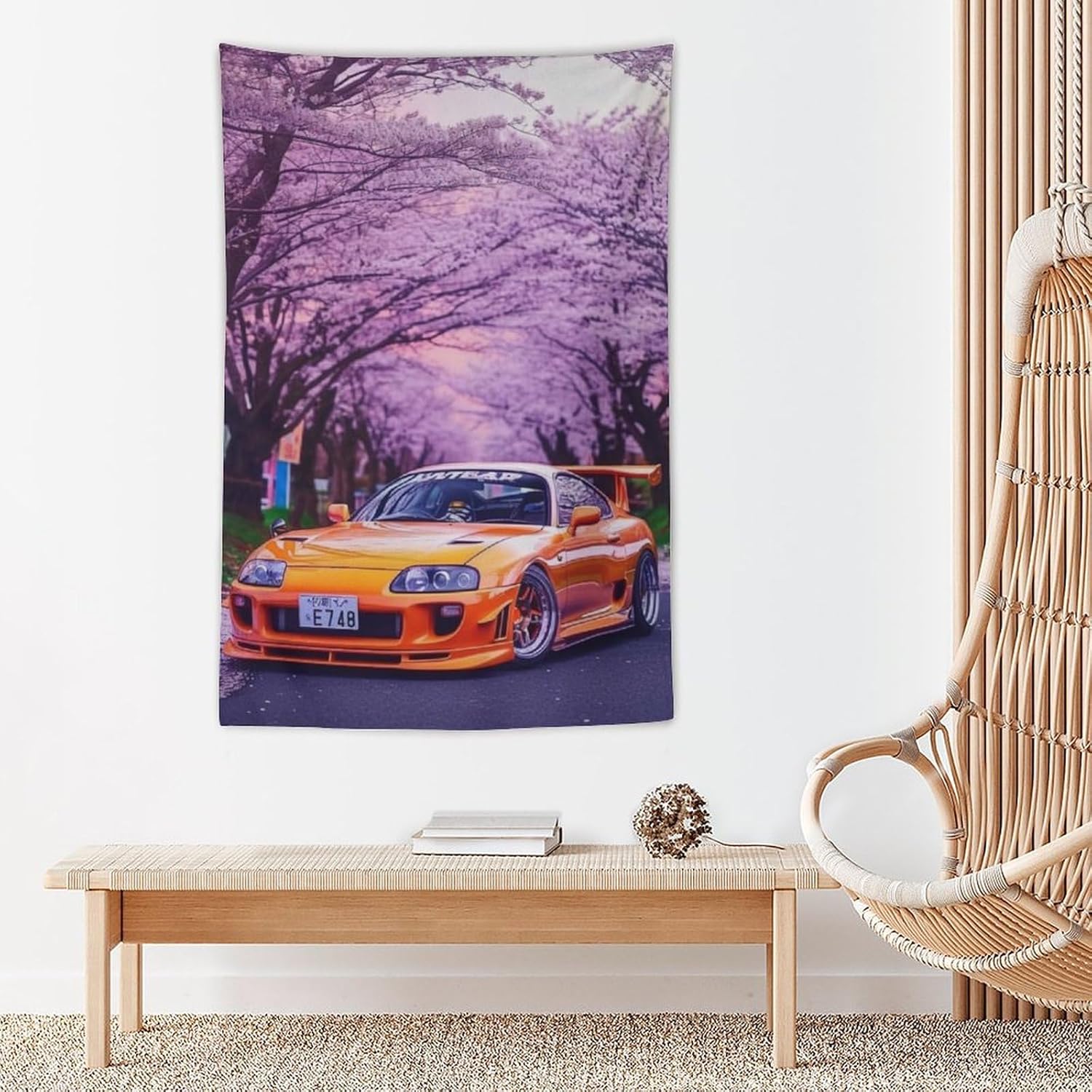 FeoYoed Tapestry Wall Hanging Aesthetic Decoration For Bedroom Living Room Wall Art Tapestries Orange Jdm Car Sup Mk4 Cherry Blossoms 40"x60"