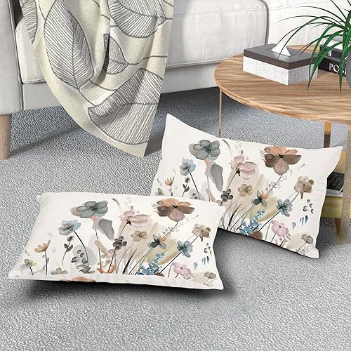 Miniatura 7 de Juego de 2 fundas de almohada lumbar de 12 x 20 pulgadas, color verde azulado, marrón, crema, gris, beige, flores, rectangulares, rústicas,