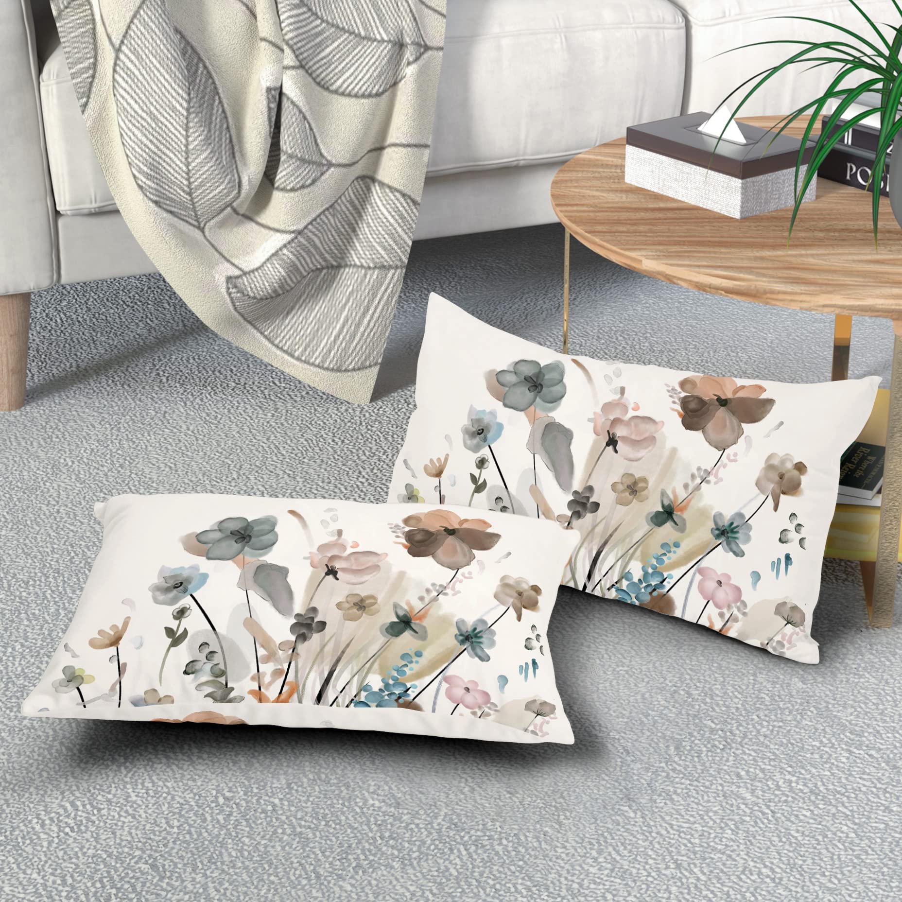 Juego de 2 fundas de almohada lumbares de 12 x 20 pulgadas, acuarela, marrón, gris, beige, flores, rectangulares, rústicas, abstractas, modernas, decoración del hogar para sala de estar, sofá, sofá