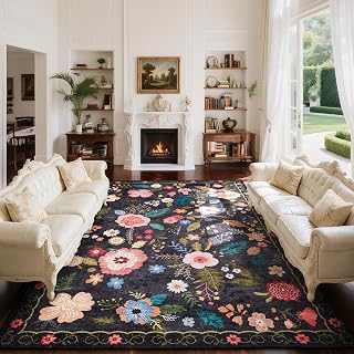 Large Washable Floral Rugs for Living Room 6x9, Ultra-Thin Area Rug Non Slip Low Pile Carpet for Bedroom, Nursery Classroom, Dining Room, Kids Playroom, Black