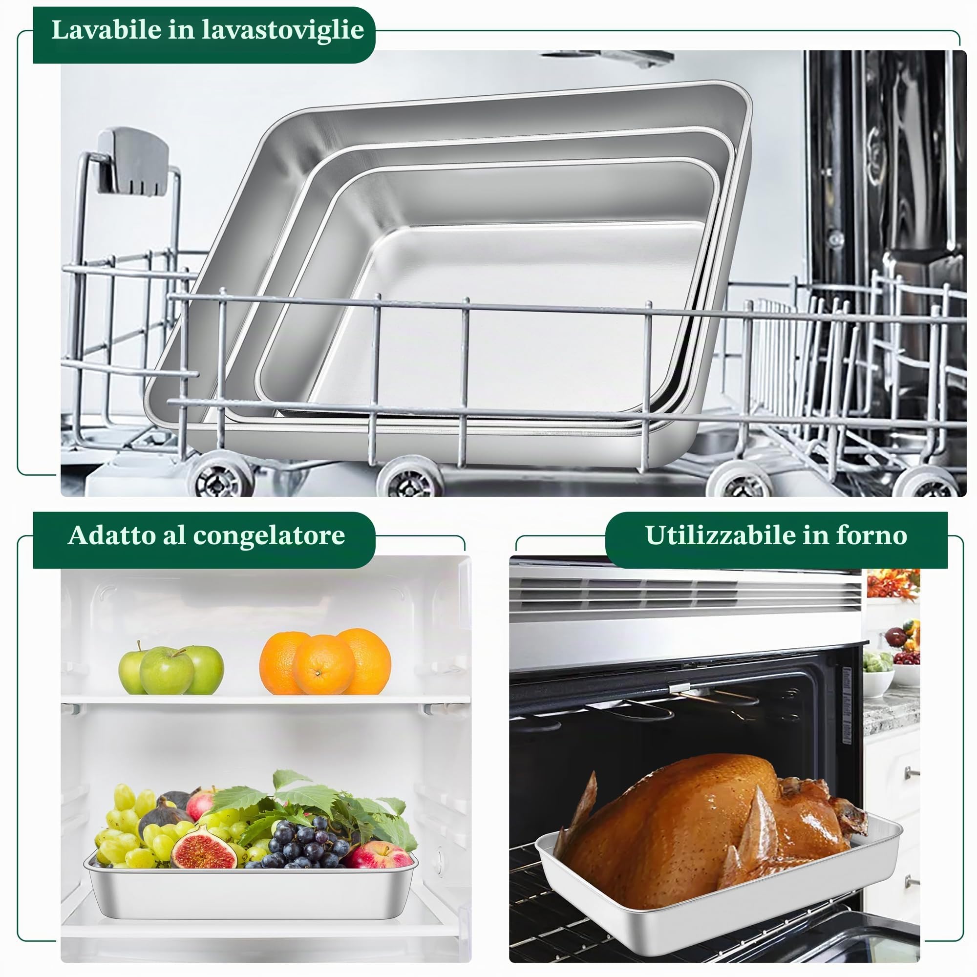 Joyfair Set di 3 teglie da forno in acciaio inox, rettangolari, profonde, per arrostire e servire, resistenti, antiruggine e facili da pulire, 3 diverse dimensioni
