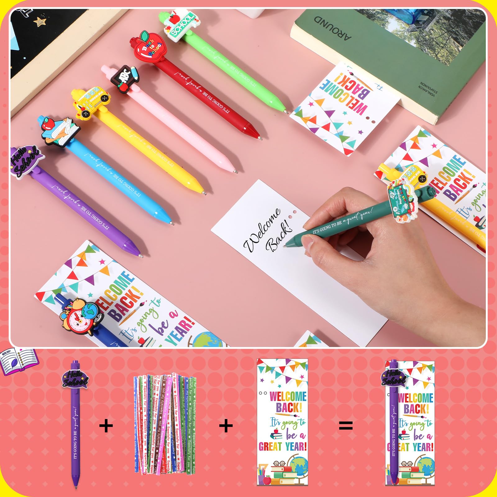 MotiMind 100 Sets Schulanfangsgeschenke, Großpackung zum Schulanfang, Schreibwaren, Geschenke enthalten niedliche Kugelschreiber, inspirierende Grußkarten für Lehrer, Studenten, Klassenzimmer