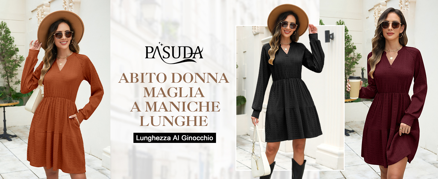 MASCOMODA Abito Midi In Maglia A Righe Donna Autunno 2024 - Maniche Lunghe, Scollo A V Ampio E Spacco Laterale