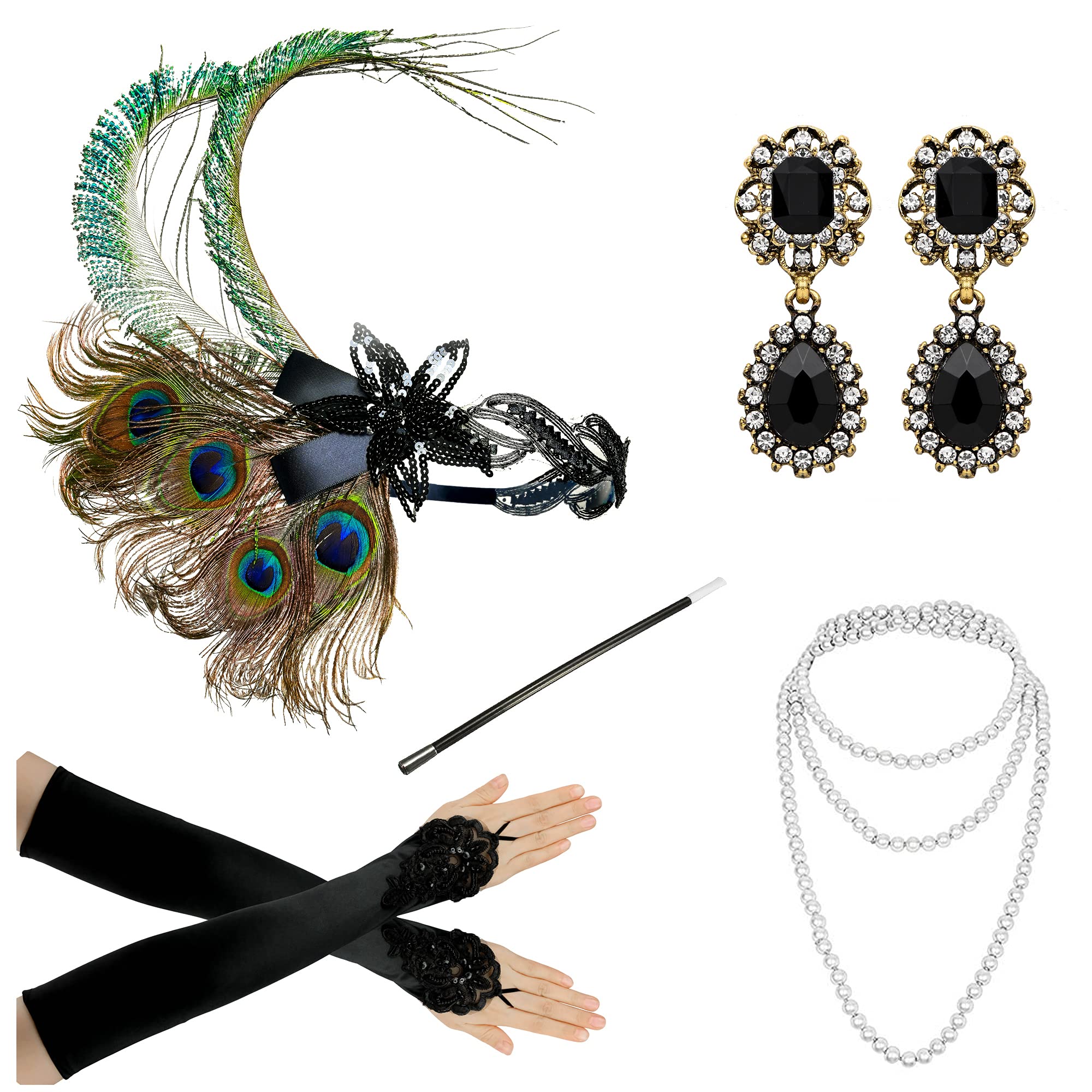 Zivyes1920s Accessories Headband Necklace Gloves Costume Holder Flapper Costume Accessories for Women, One Size, pearl