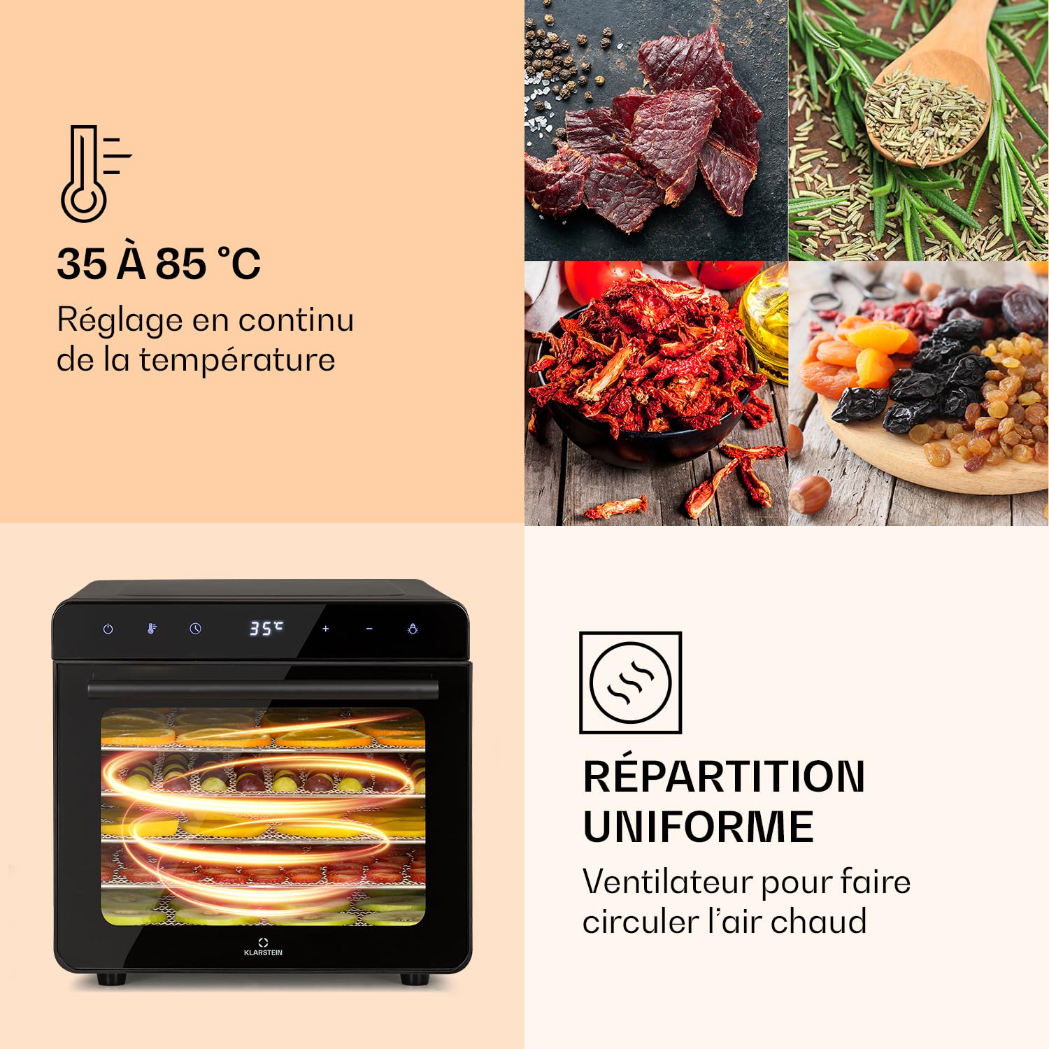 Klarstein Deshydrateur Alimentaire, Séchoir à Légumes, Herbes et Viandes, Déshydrateur de Fruits Secs 700W avec 6 Plateaux à Grille Métallique, Four à Viande Séchée en Métal, Minuterie, Noir