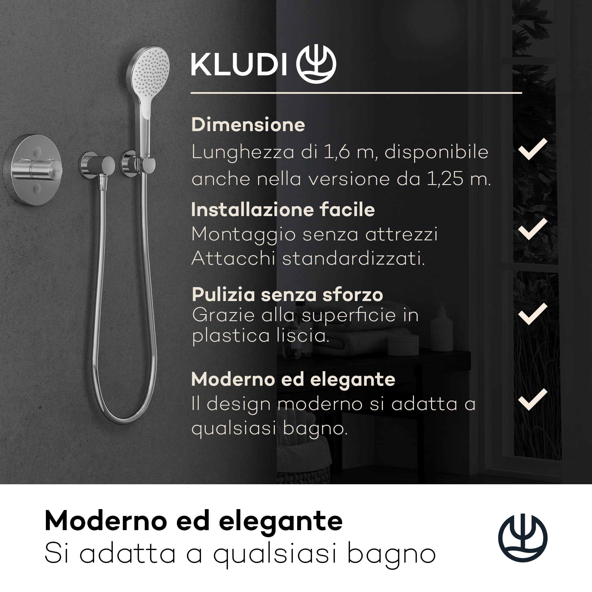 KLUDI-X3 tubo doccia universale 1,60 m, facile da pulire, flessibile doccia con doppia protezione antitorsione, resistente al kink, attacco standard, tubo flessible doccia cromo