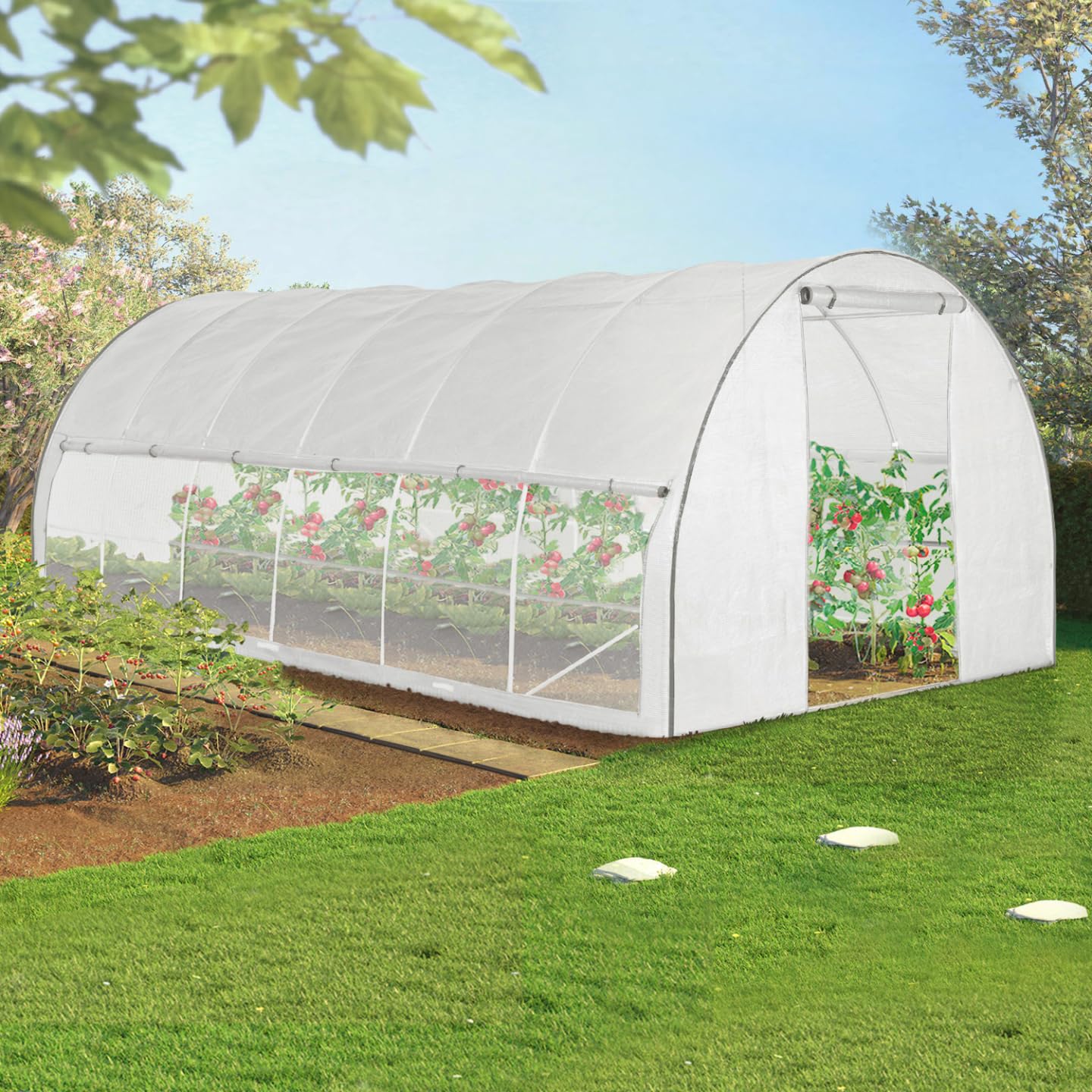 IDMarket - Serre Tunnel de Jardin 18M² Blanche relevable avec moustiquaire